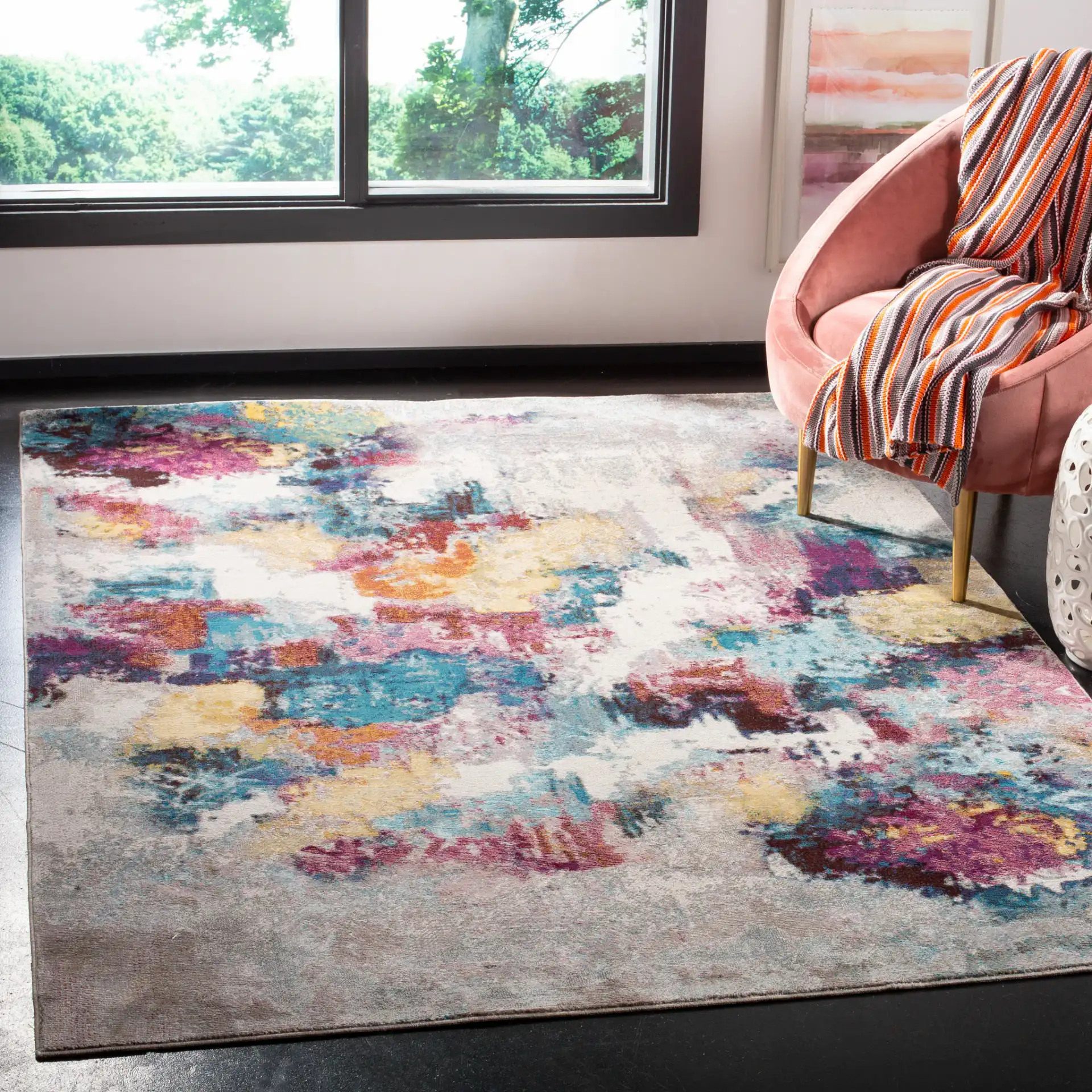 Aria Abstract Rug in Gray / Wine in a styled room