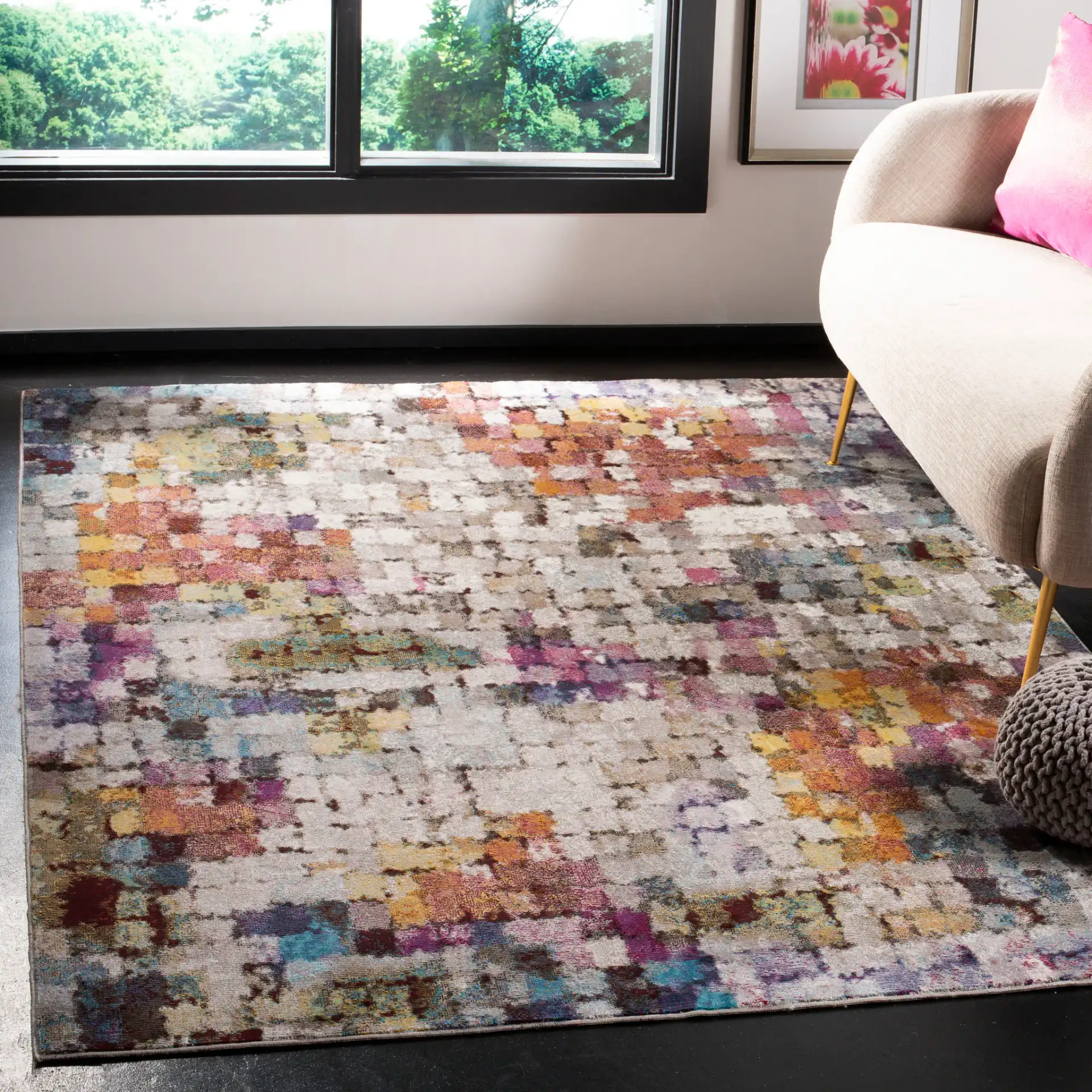 Aria Pixelated Grid Rug in Cream / Rust in a styled room