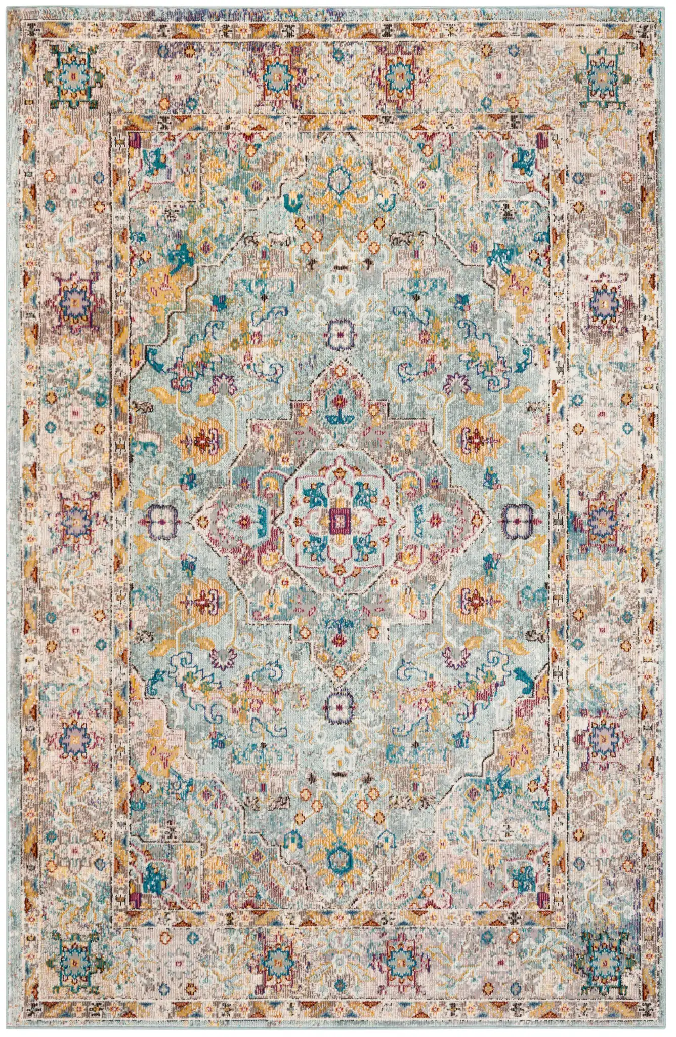 Aria Distressed Scroll Rug in Beige / Blue