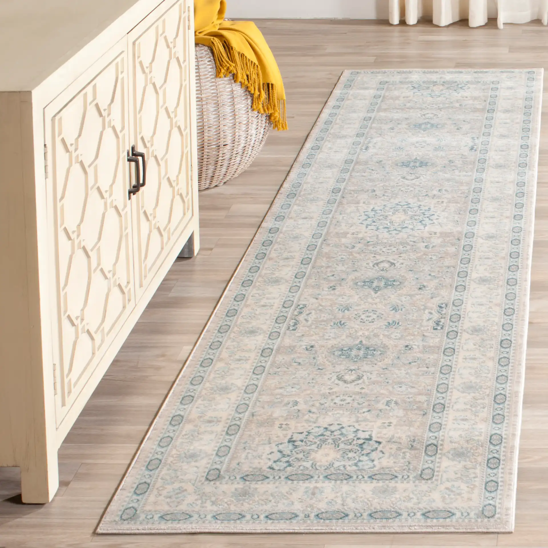 Archive Triple Medallion Rug in Gray / Blue in a styled room