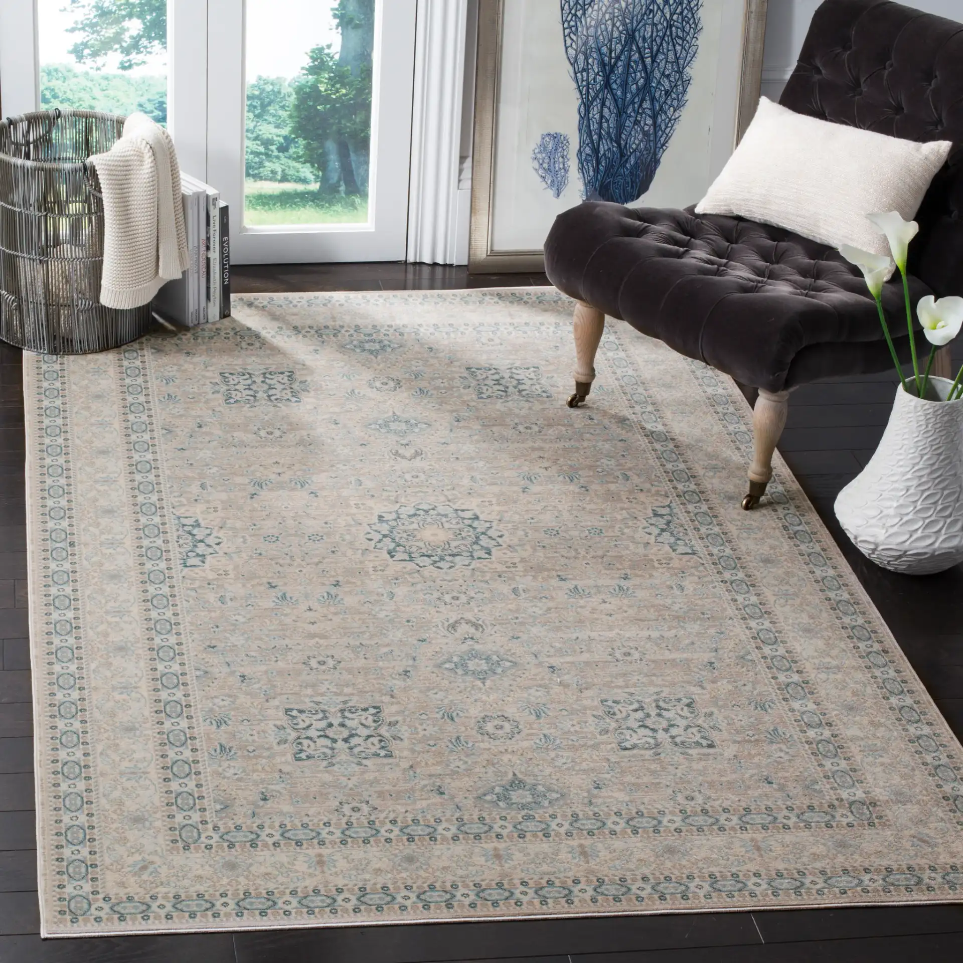 Archive Triple Medallion Rug in Gray / Blue in a styled room