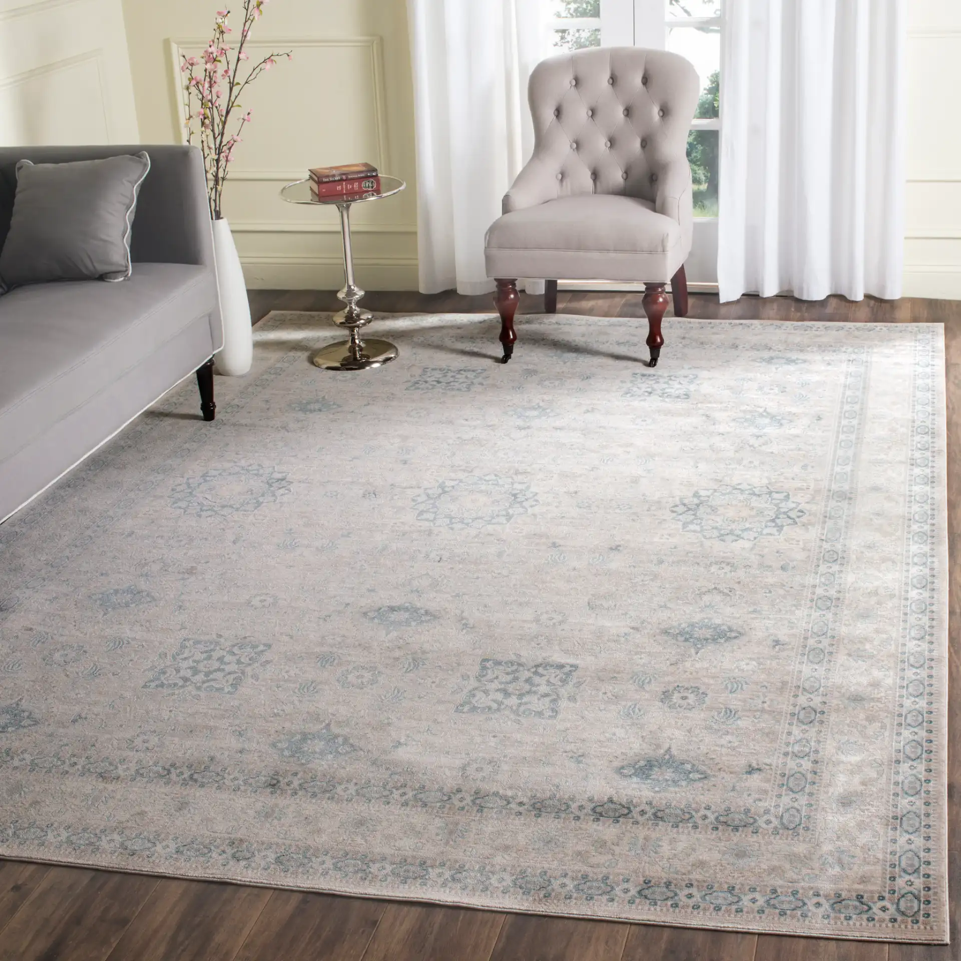 Archive Triple Medallion Rug in Gray / Blue in a styled room