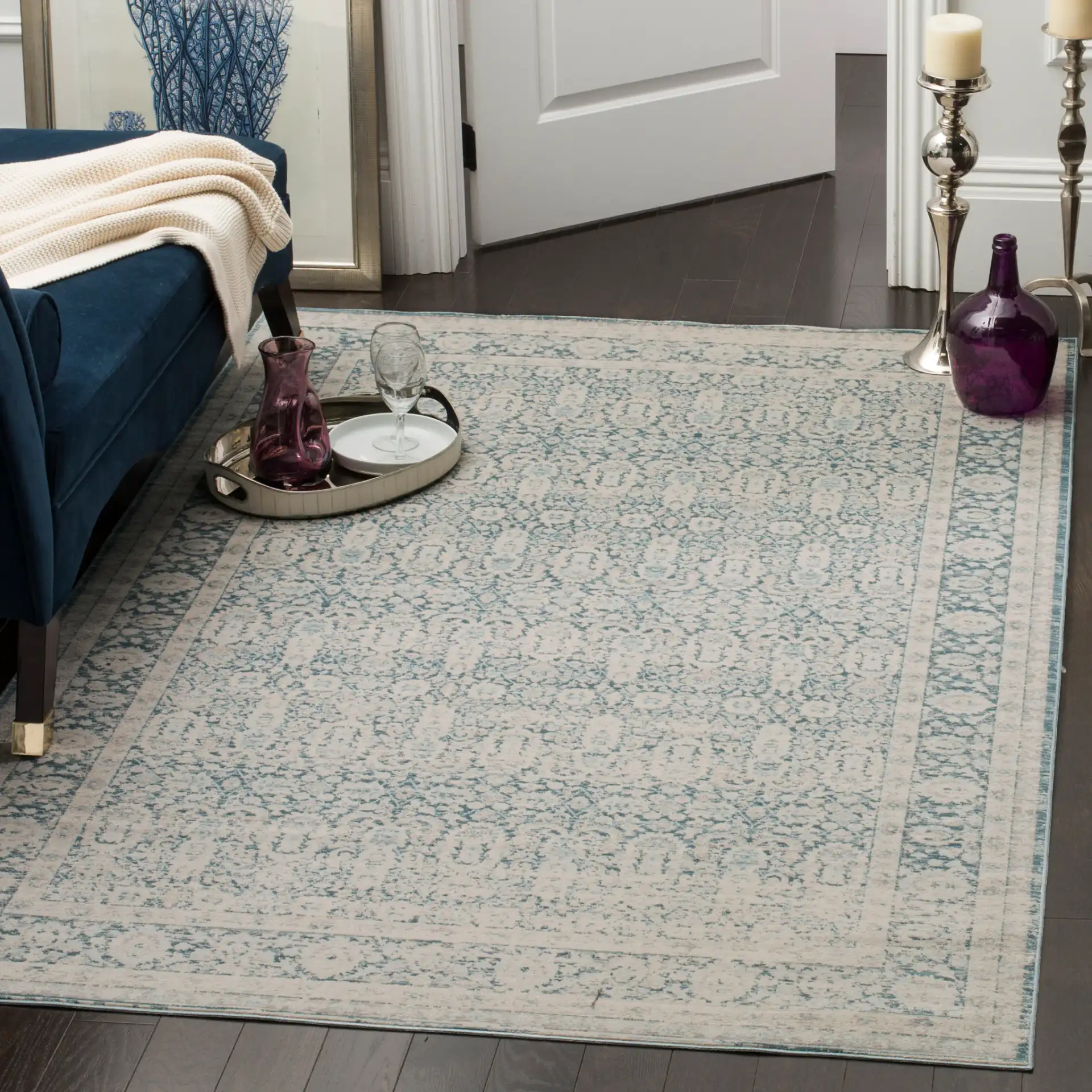 Archive Bordered Floral Rug in Blue / Gray in a styled room