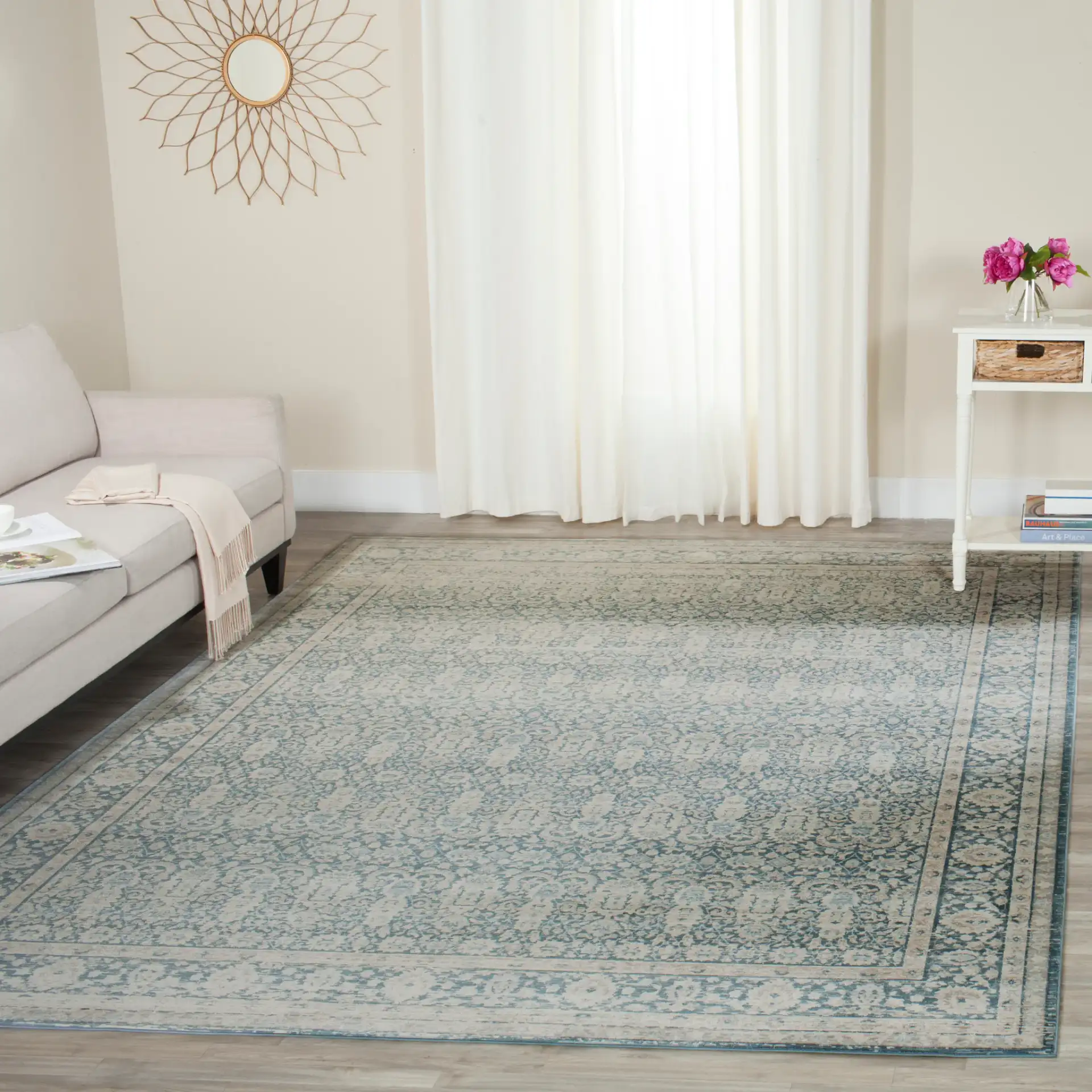 Archive Bordered Floral Rug in Blue / Gray in a styled room