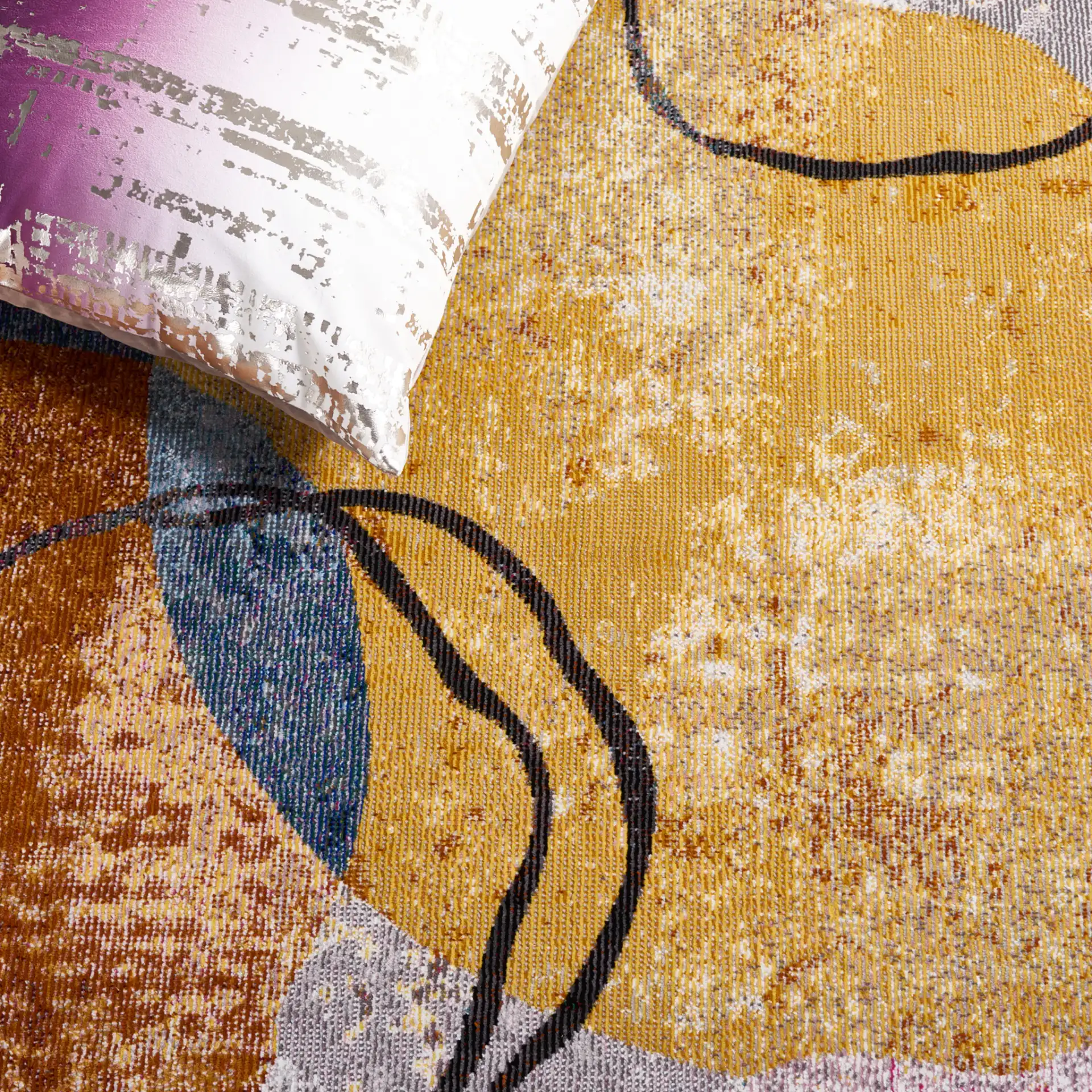 Art Studio Overlapping Shapes Rug in Ivory / Blue in a styled room