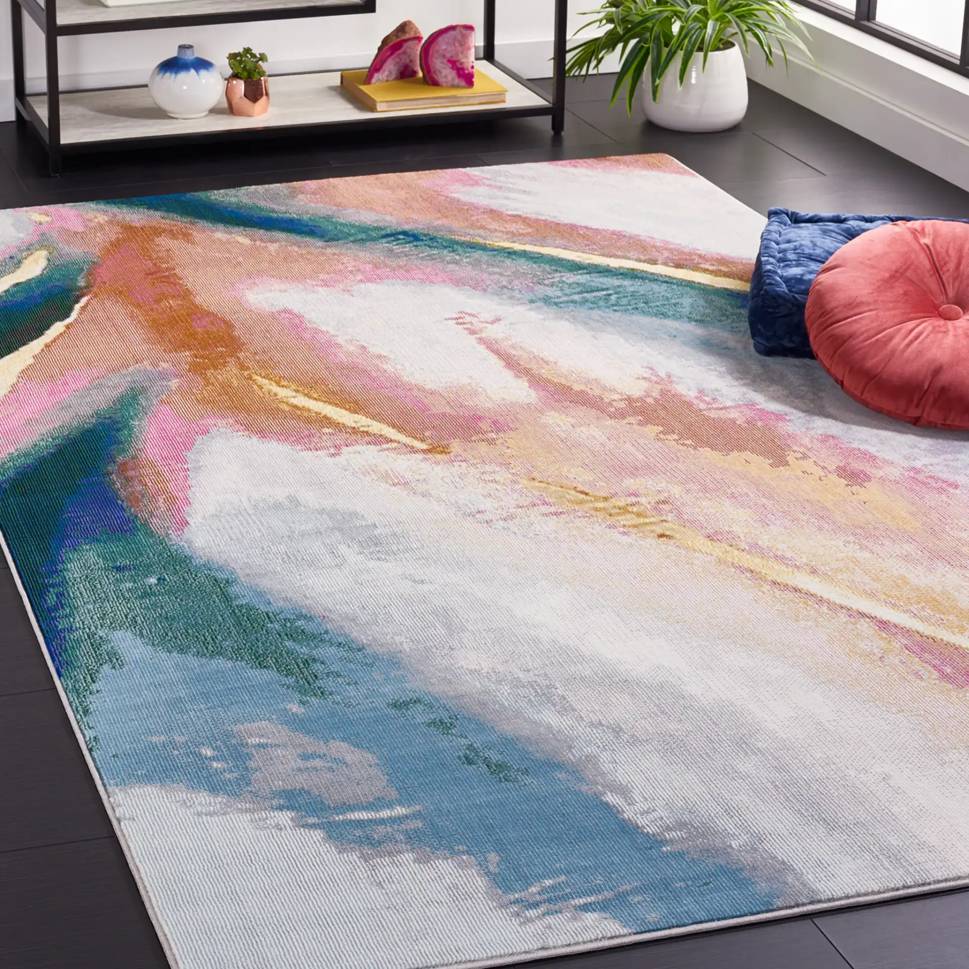 Art Studio Painterly Brushstroke Rug in Ivory / Rust in a styled room