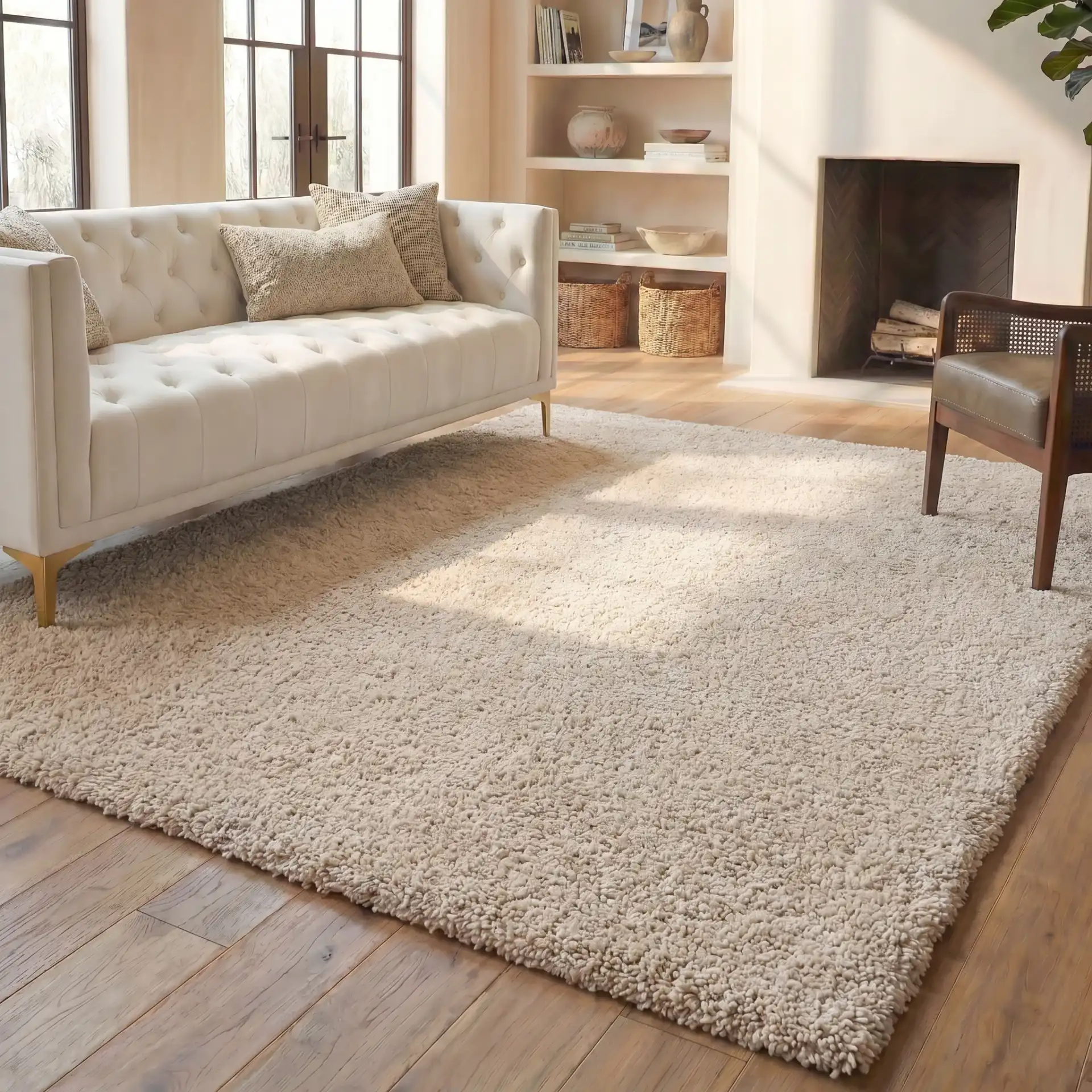 Arizona Solid Shag Rug in Cream in a styled room