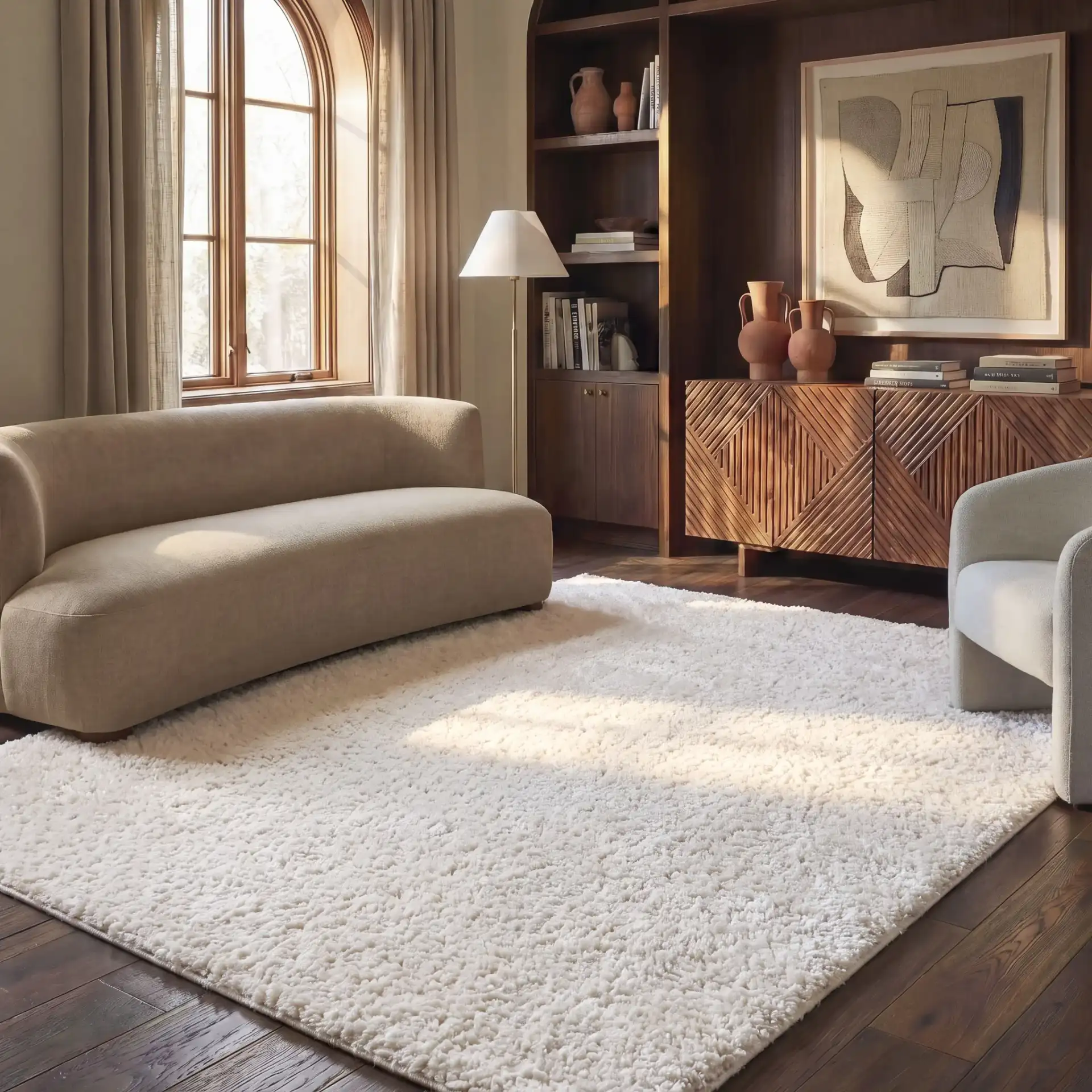 Arizona Solid Shag Rug in Cream in a styled room