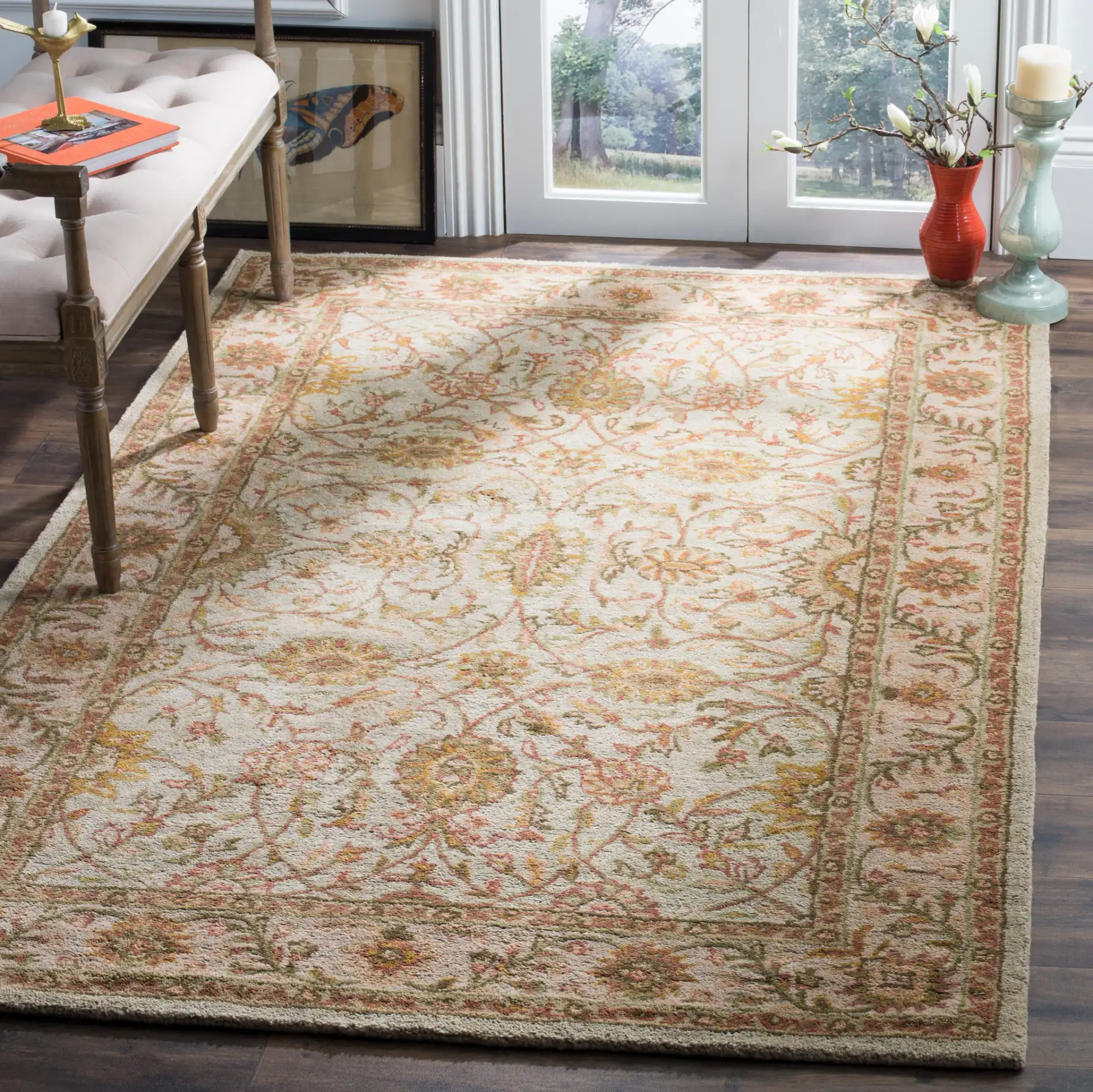 Antiquity Rosette Trellis Hand-Tufted Wool Rug in Ivory / Light Green in a styled room