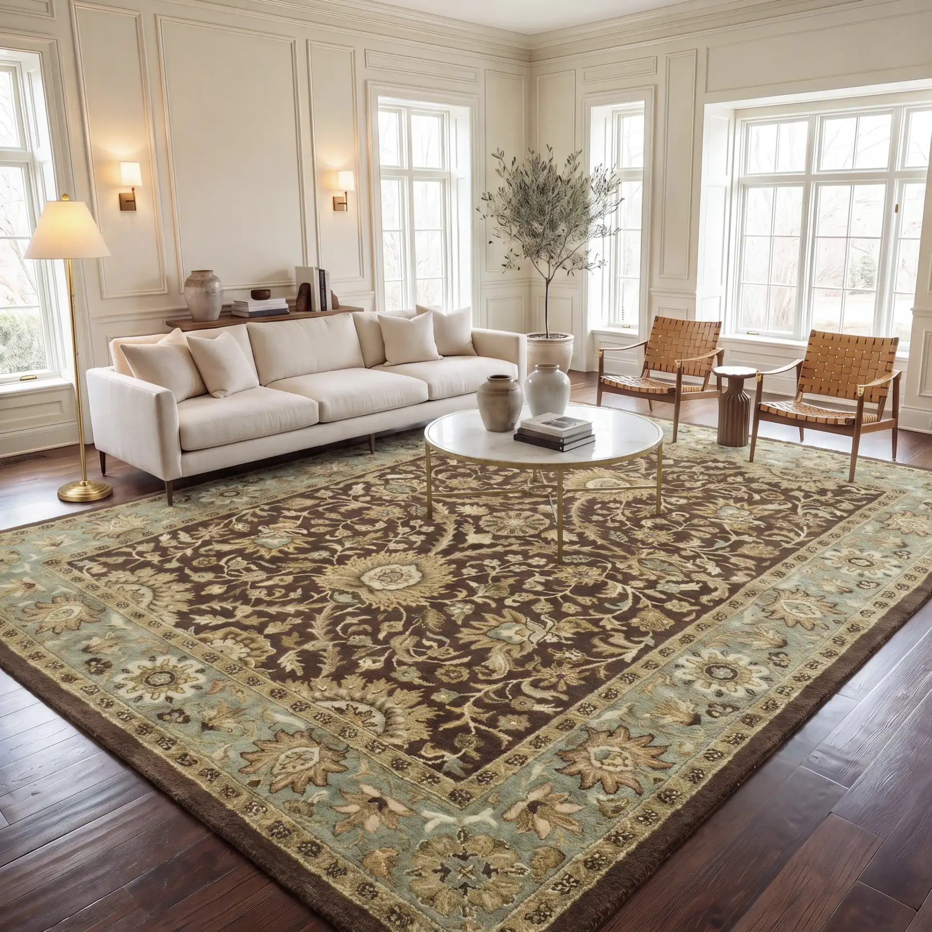 Antiquity Palmette Bordered Hand-Tufted Wool Rug in Chocolate / Blue in a styled room