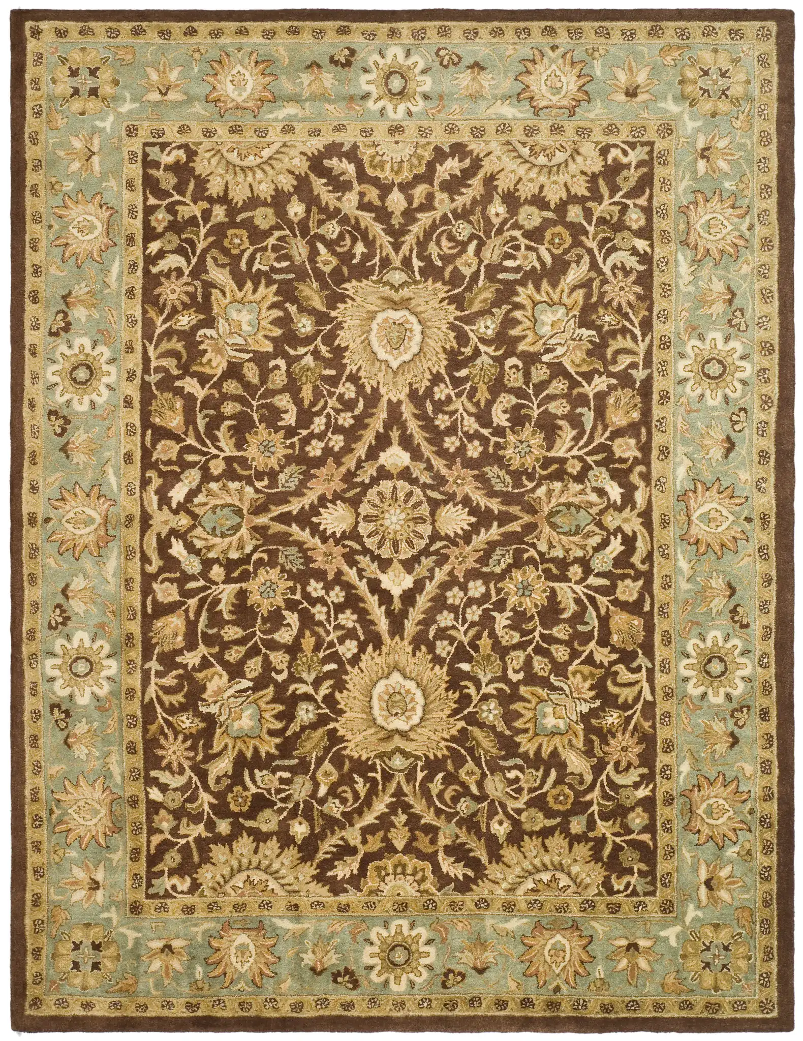 Antiquity Palmette Bordered Hand-Tufted Wool Rug in Chocolate / Blue