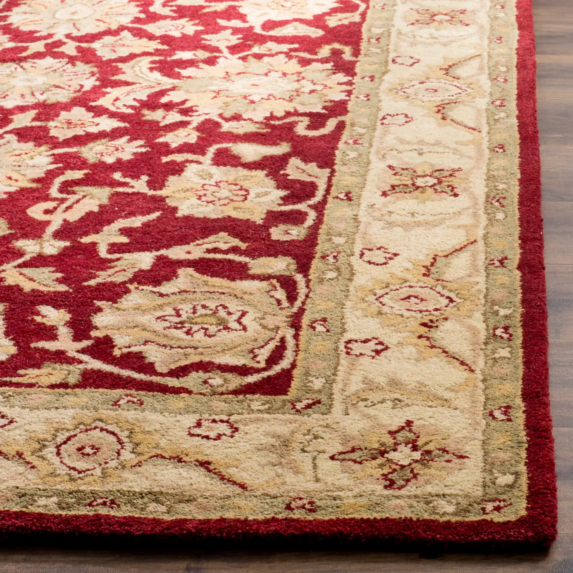 Antiquity Floral Border Hand-Tufted Wool Rug in Red / Gold in a styled room