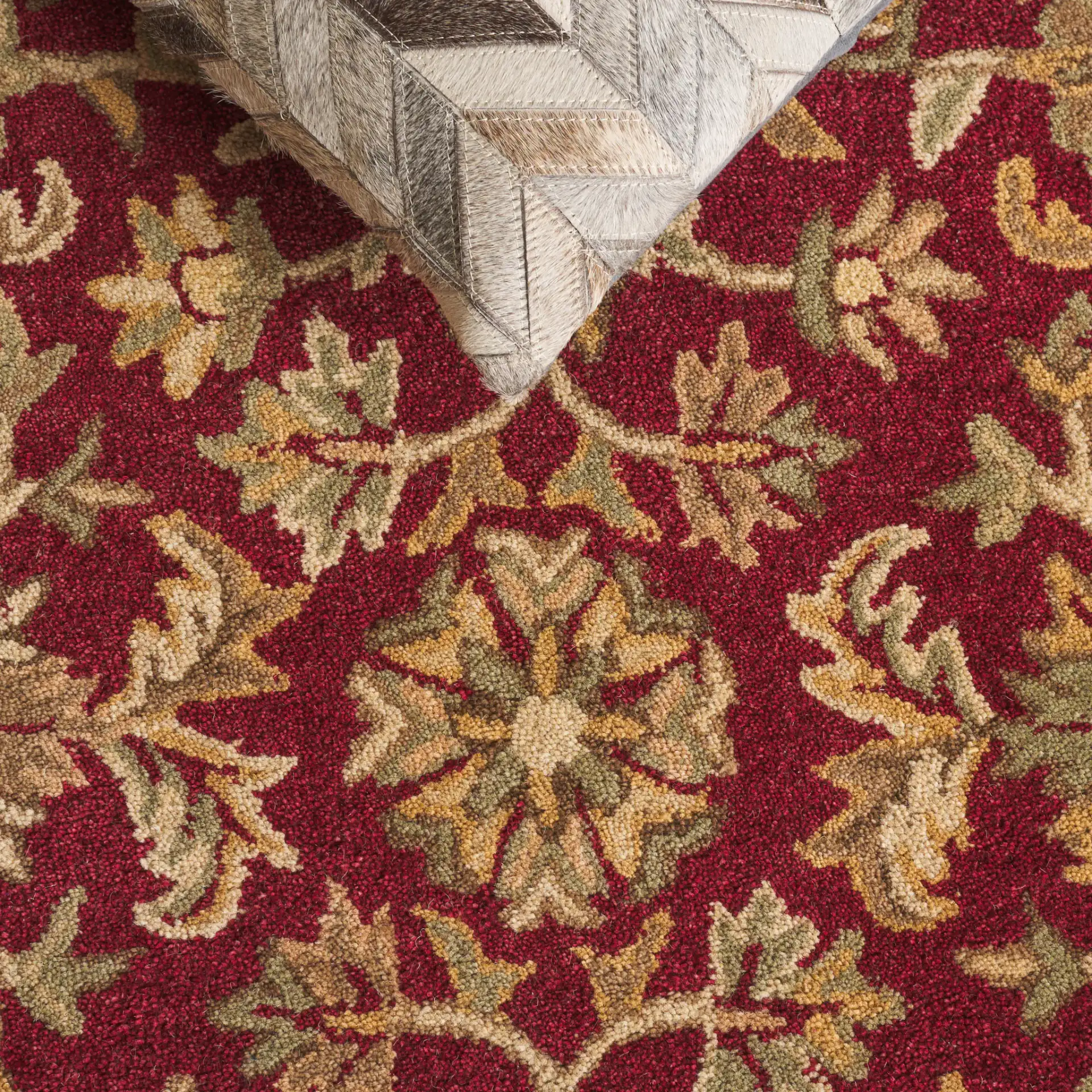 Antiquity Floral Border Hand-Tufted Wool Rug in Red / Gold in a styled room