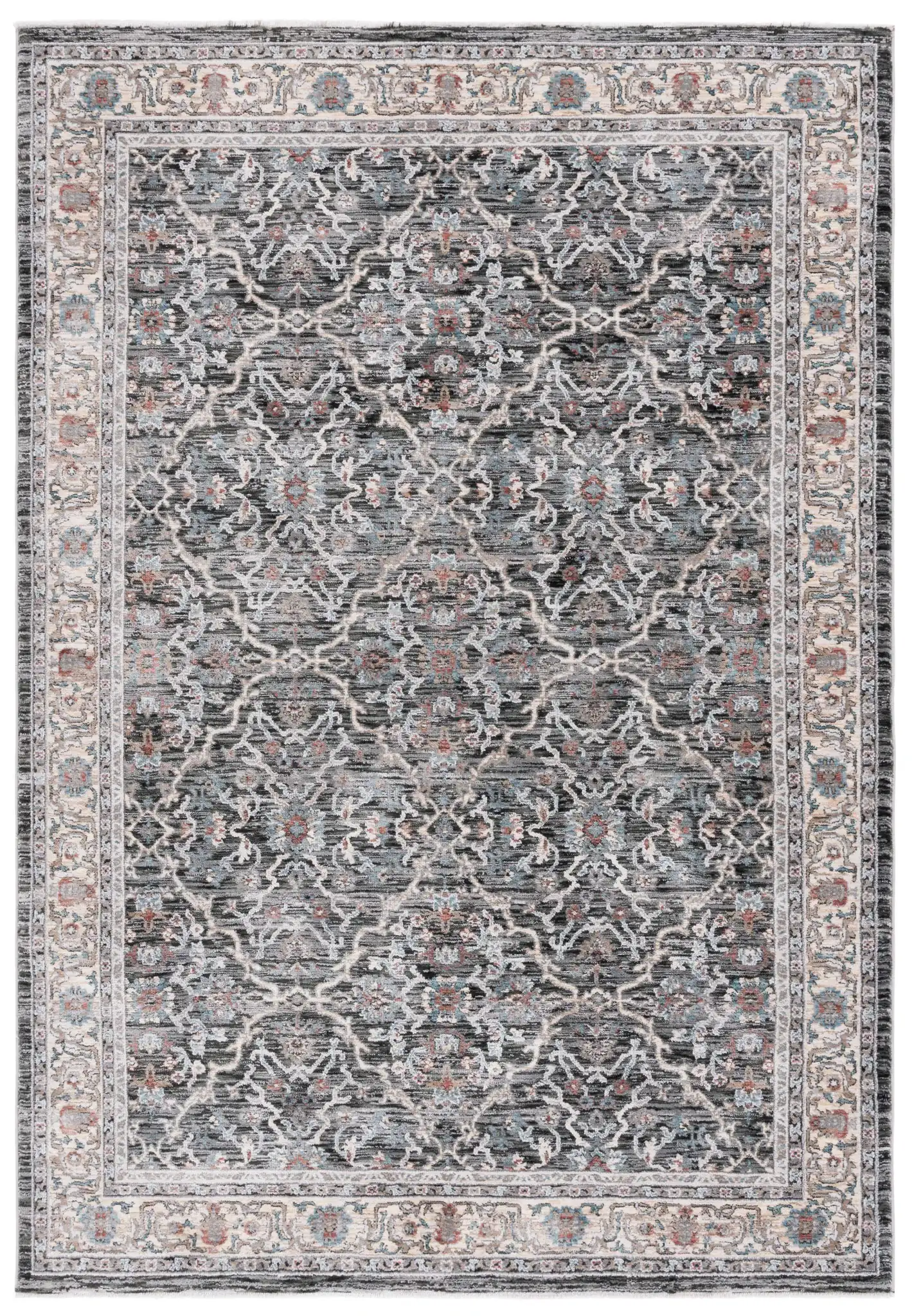 Artifact Bordered Floral Rug in Charcoal / Gray