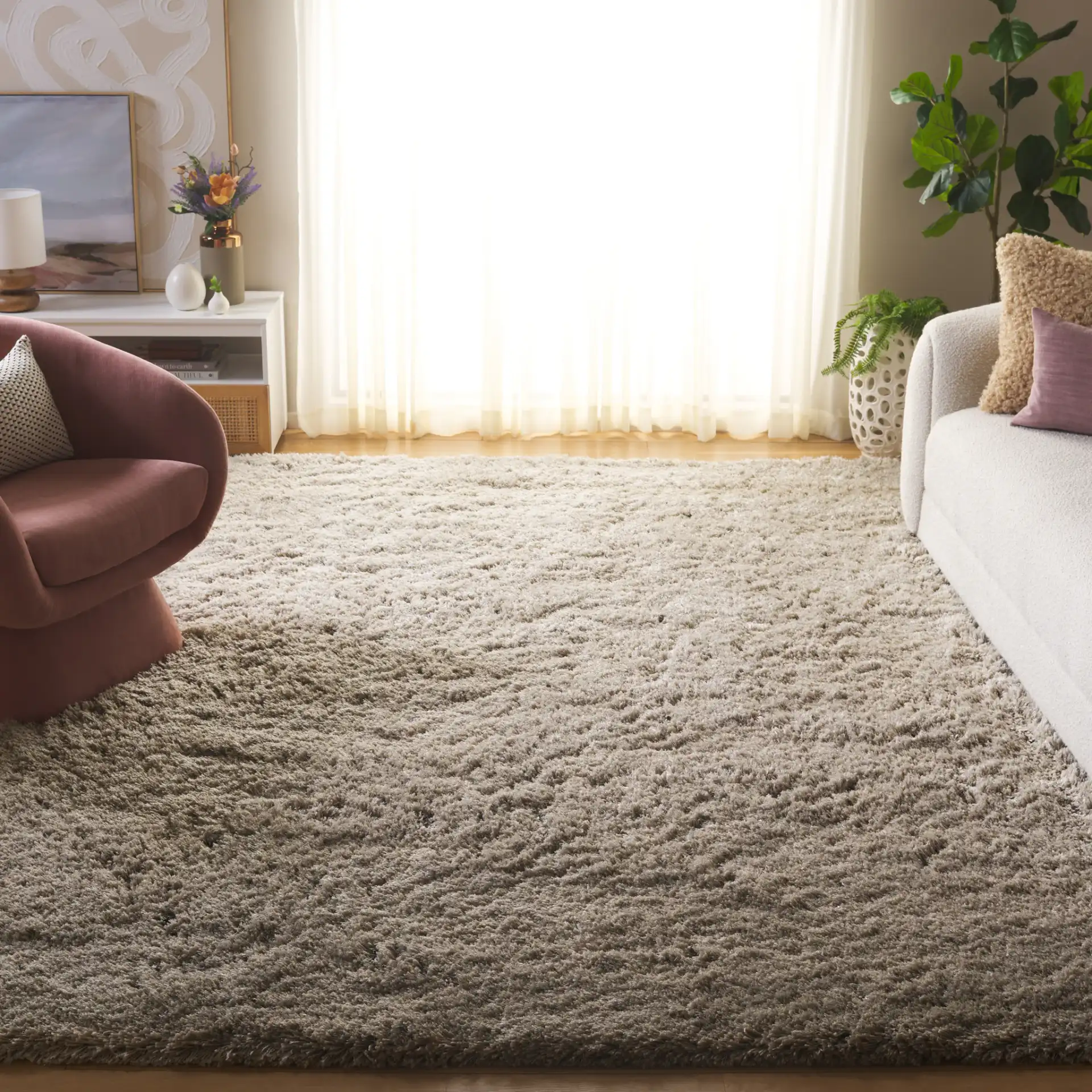 Atlantic Solid Hand-Tufted Shag Rug in Silver in a styled room