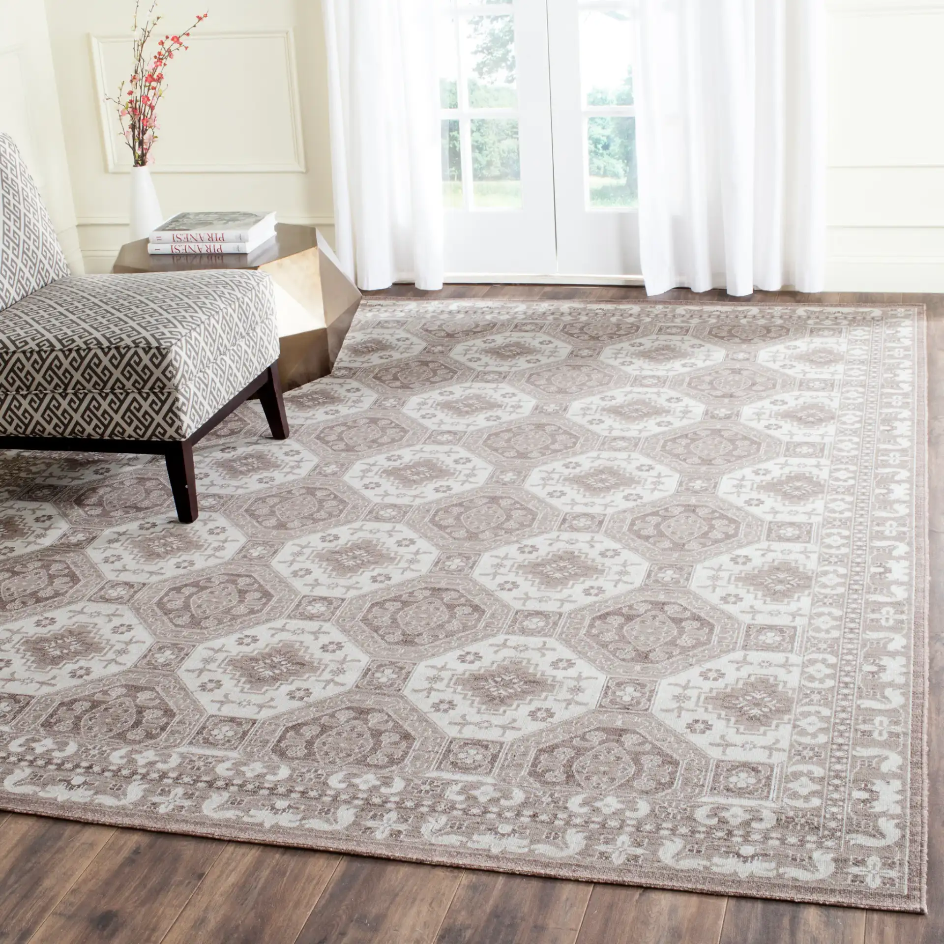 Artisan Tile Rug in Brown / Ivory in a styled room