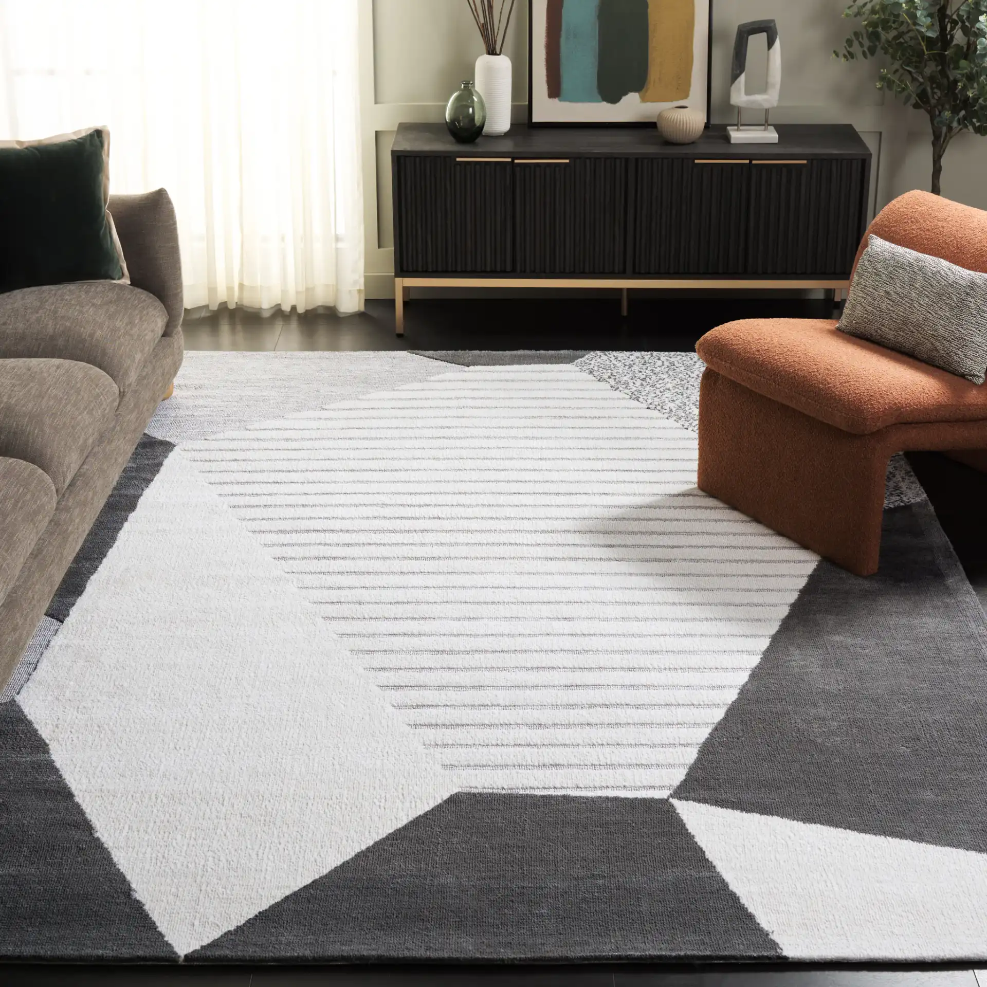 Audrey Abstract Block Rug in Gray / Ivory in a styled room