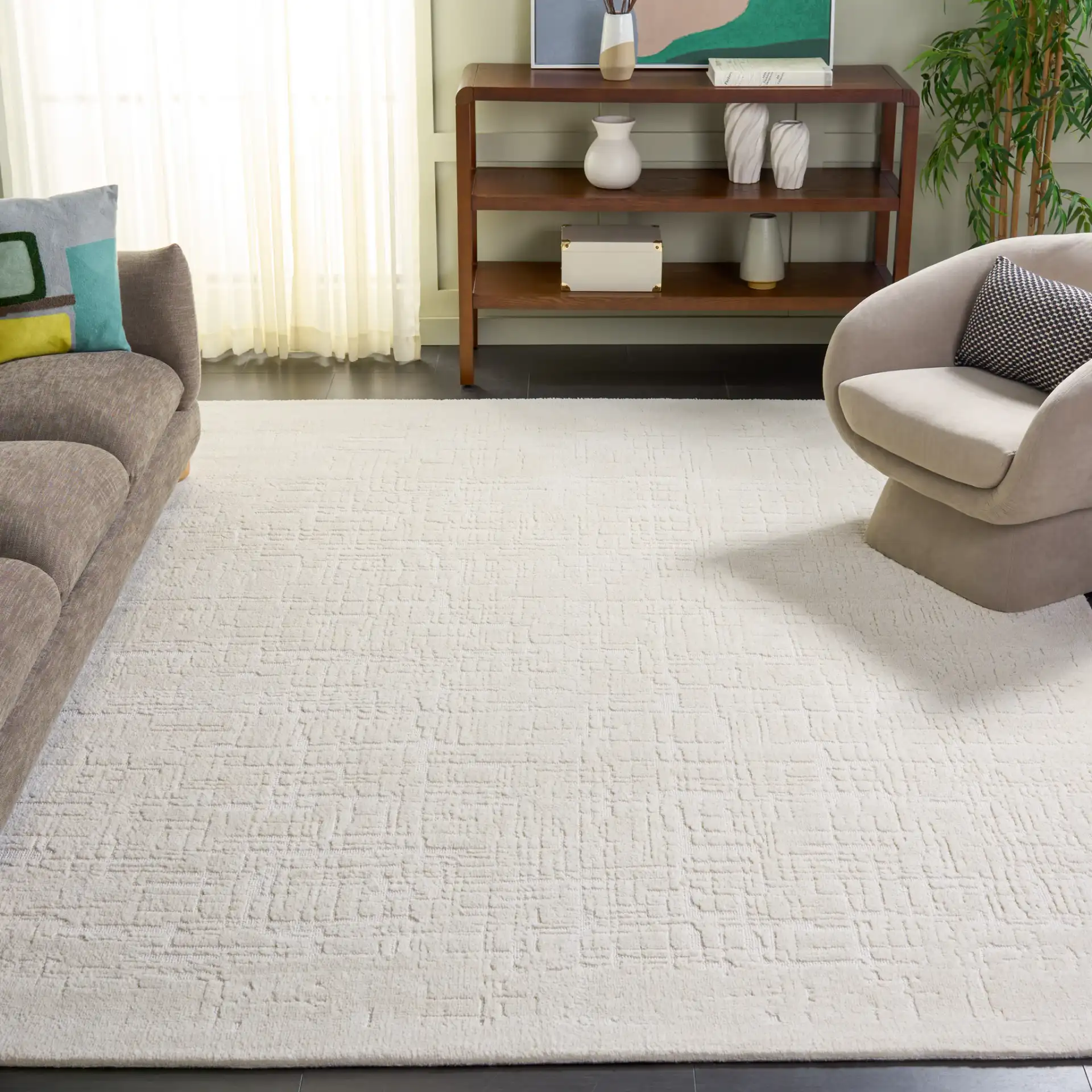 Audrey Textured Grid Rug in Ivory in a styled room