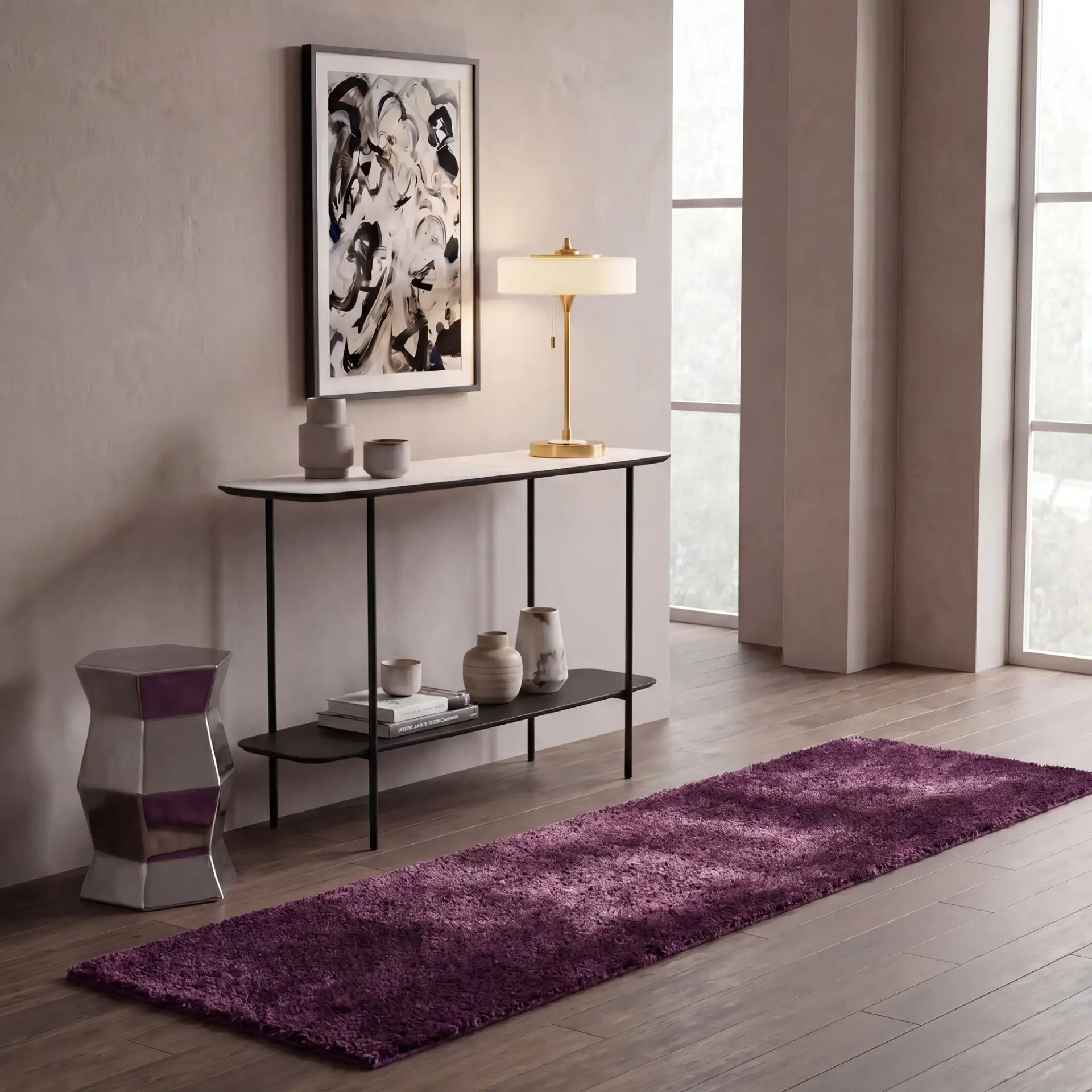 August Solid Shag Rug in Purple in a styled room