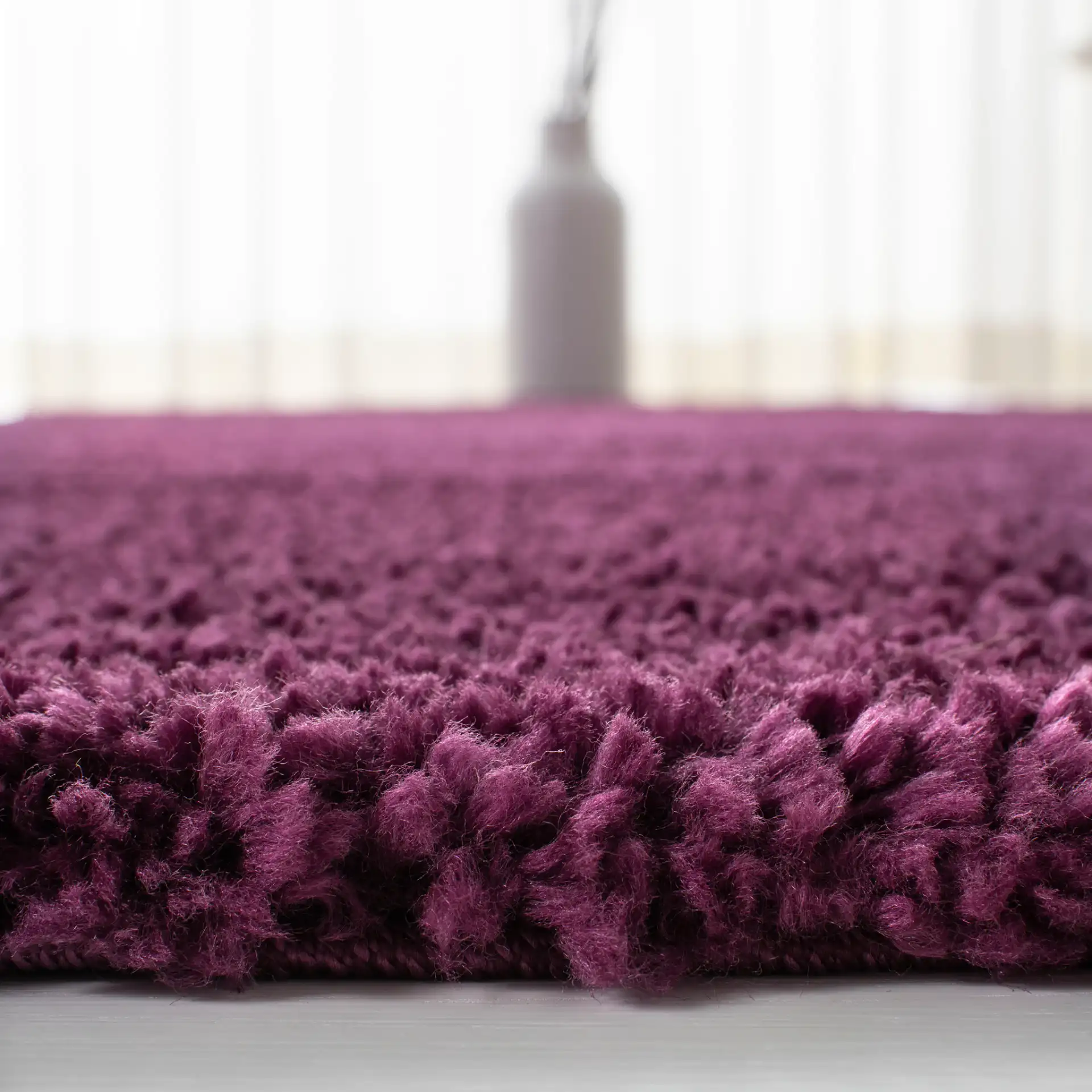 August Solid Shag Rug in Purple in a styled room