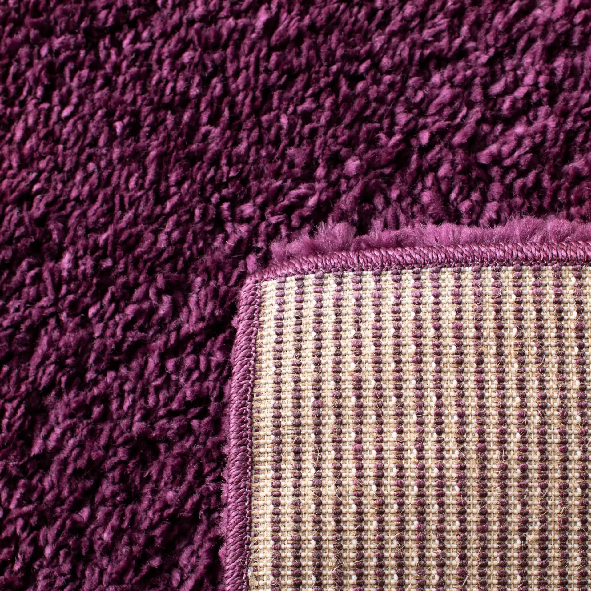 August Solid Shag Rug in Purple in a styled room
