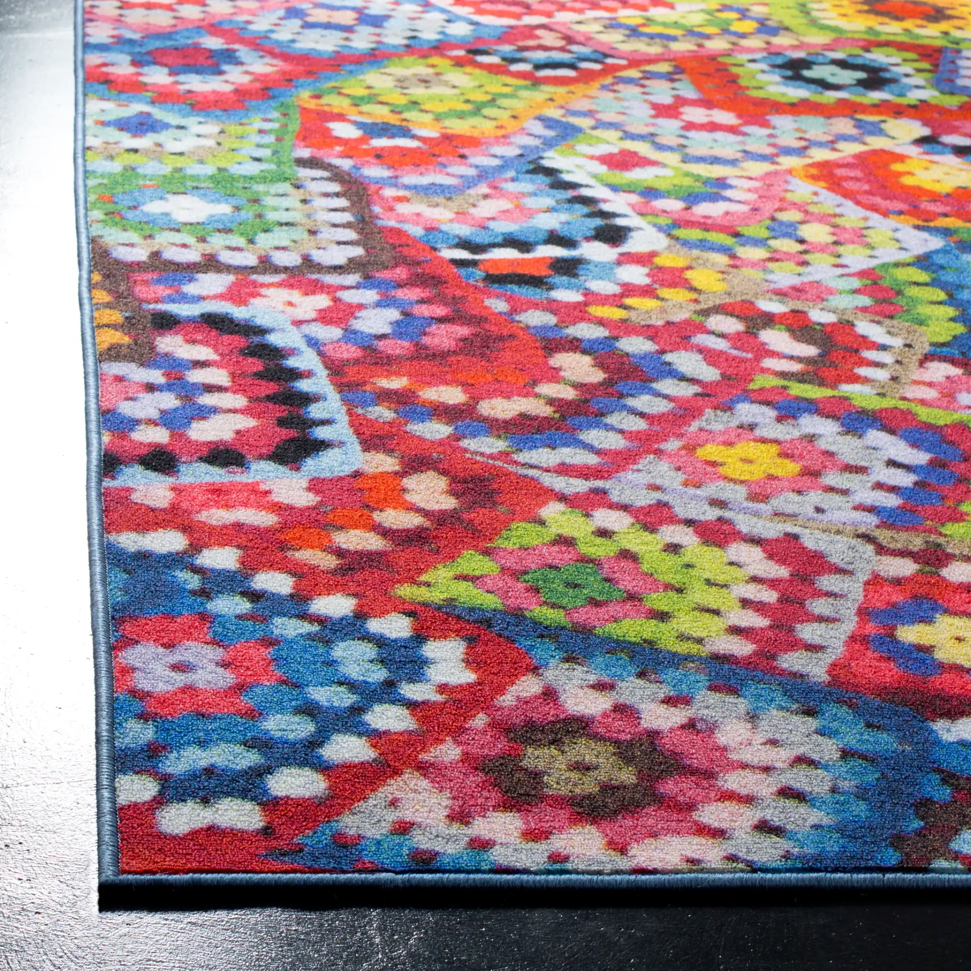 Aztec Bohemian Patchwork Rug in Green / Multicolor in a styled room