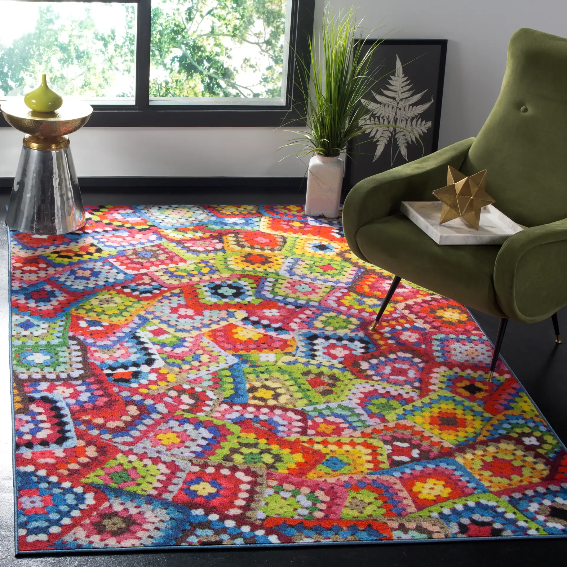 Aztec Bohemian Patchwork Rug in Green / Multicolor in a styled room