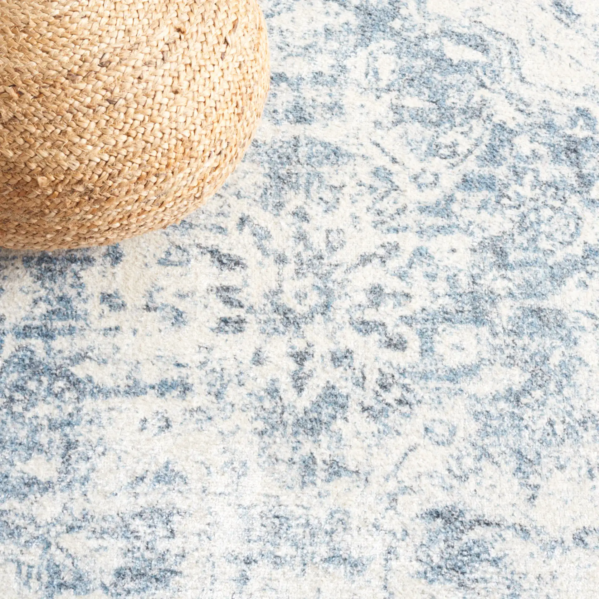 Baltimore Vintage Floral Medallion Washable Rug in Light Gray / Blue in a styled room