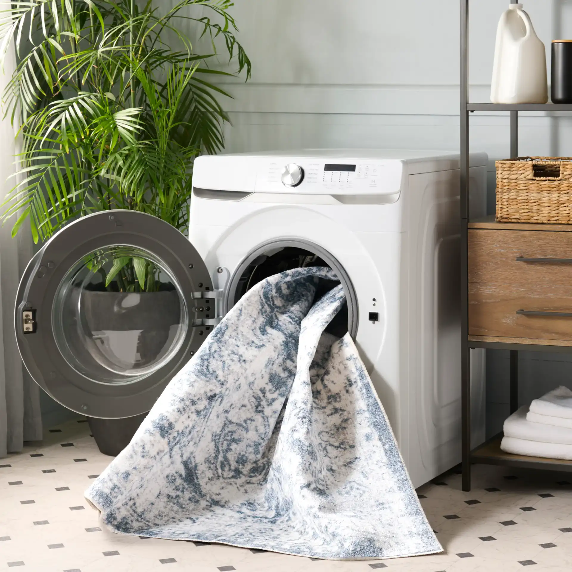 Baltimore Vintage Floral Medallion Washable Rug in Light Gray / Blue in a styled room