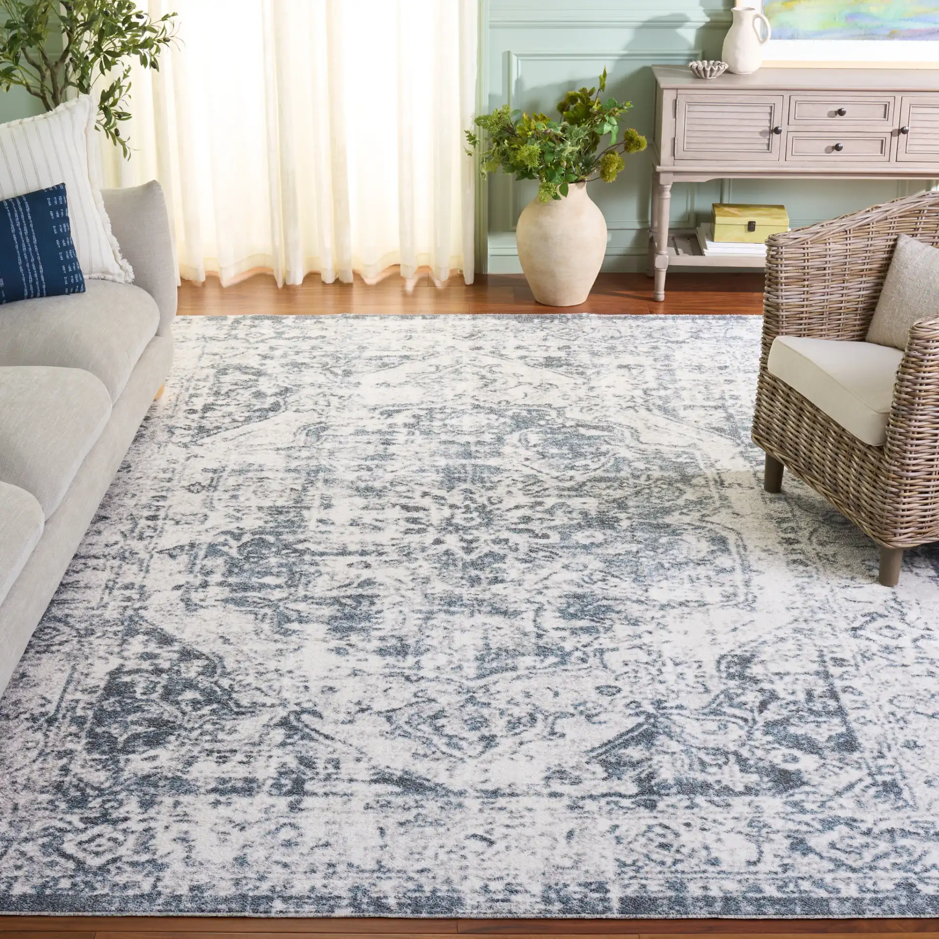 Baltimore Vintage Floral Medallion Washable Rug in Light Gray / Blue in a styled room