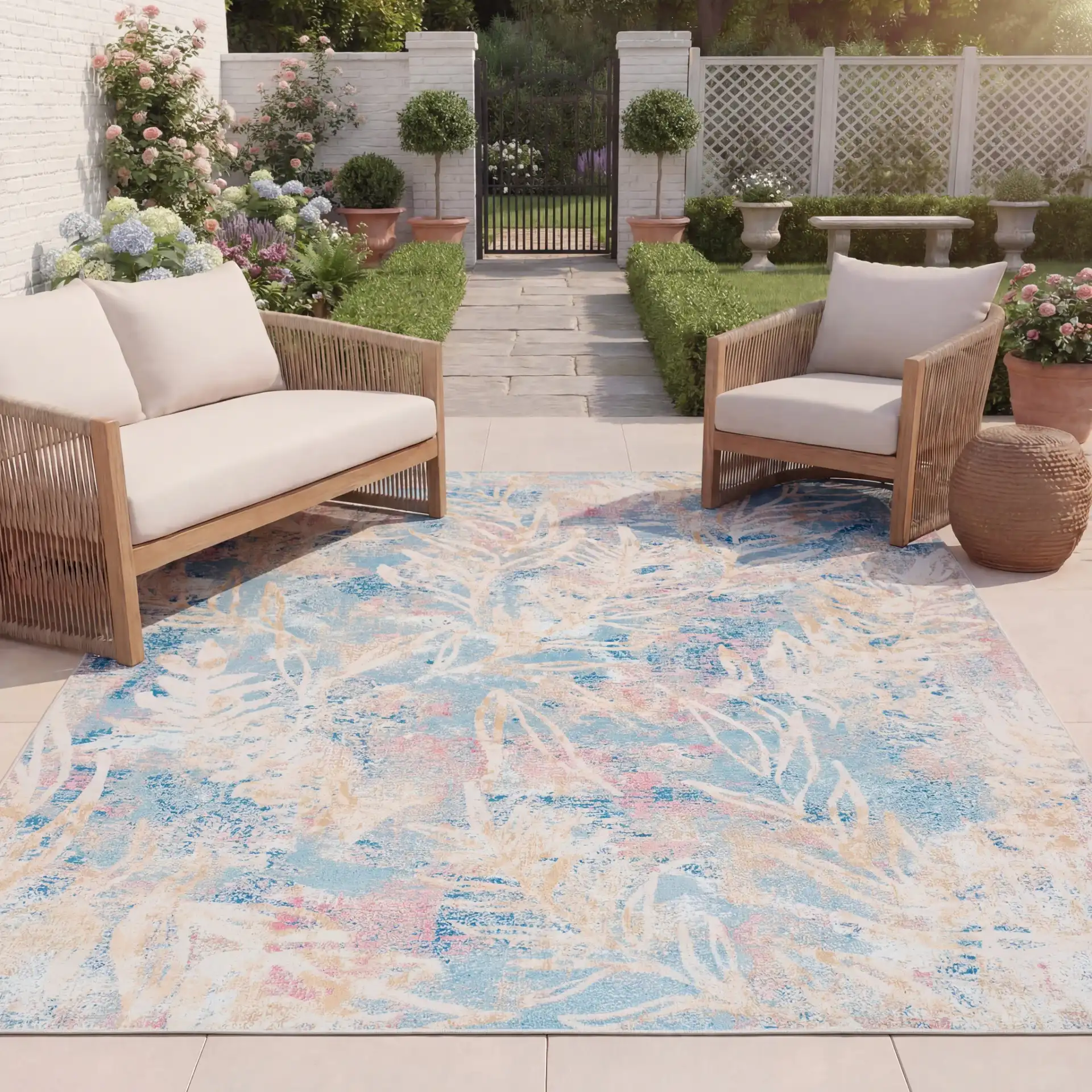 Barbados Distressed Palm Outdoor Rug in Light Blue / Ivory in a styled room