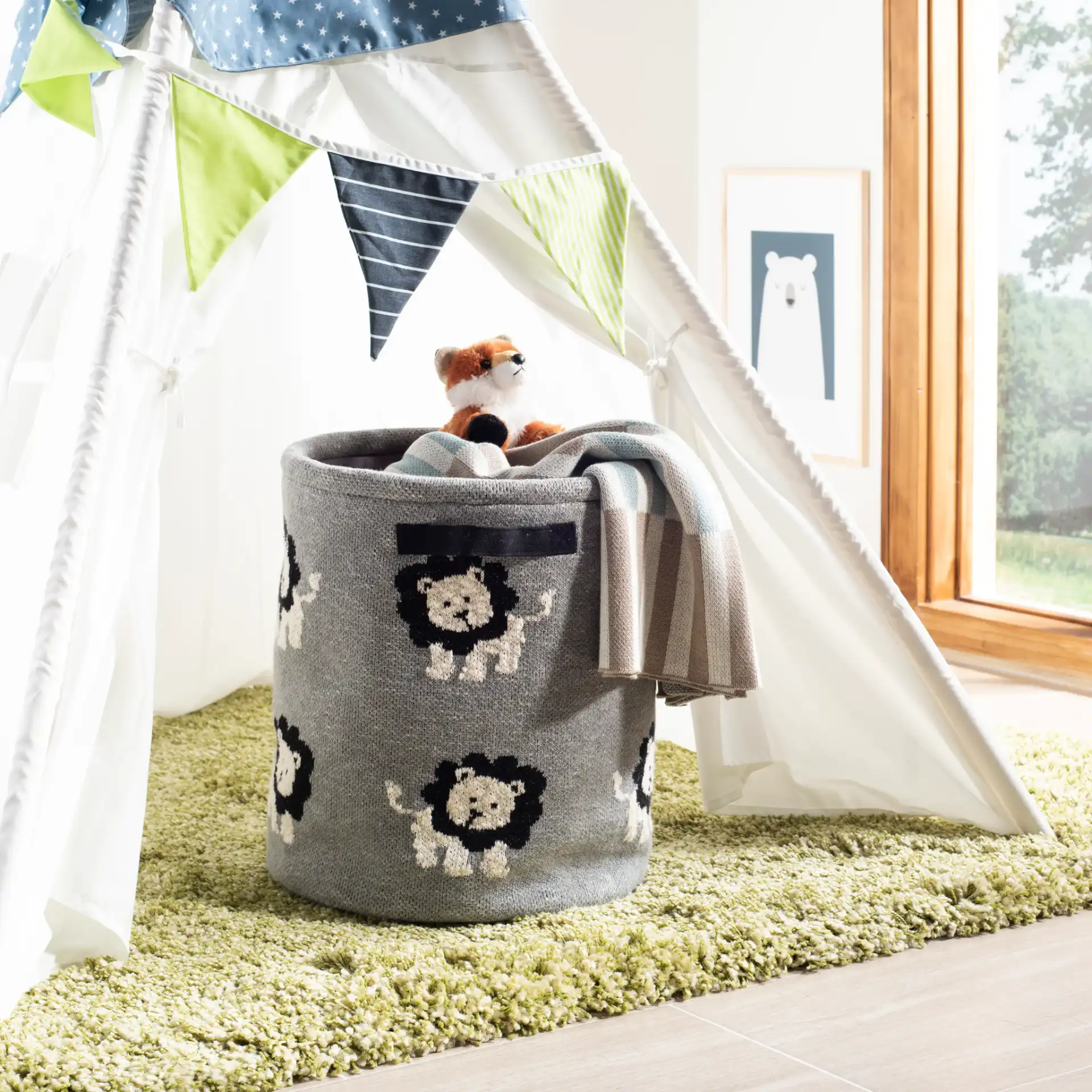 Leo Storage Basket in Gray / Black in a styled room