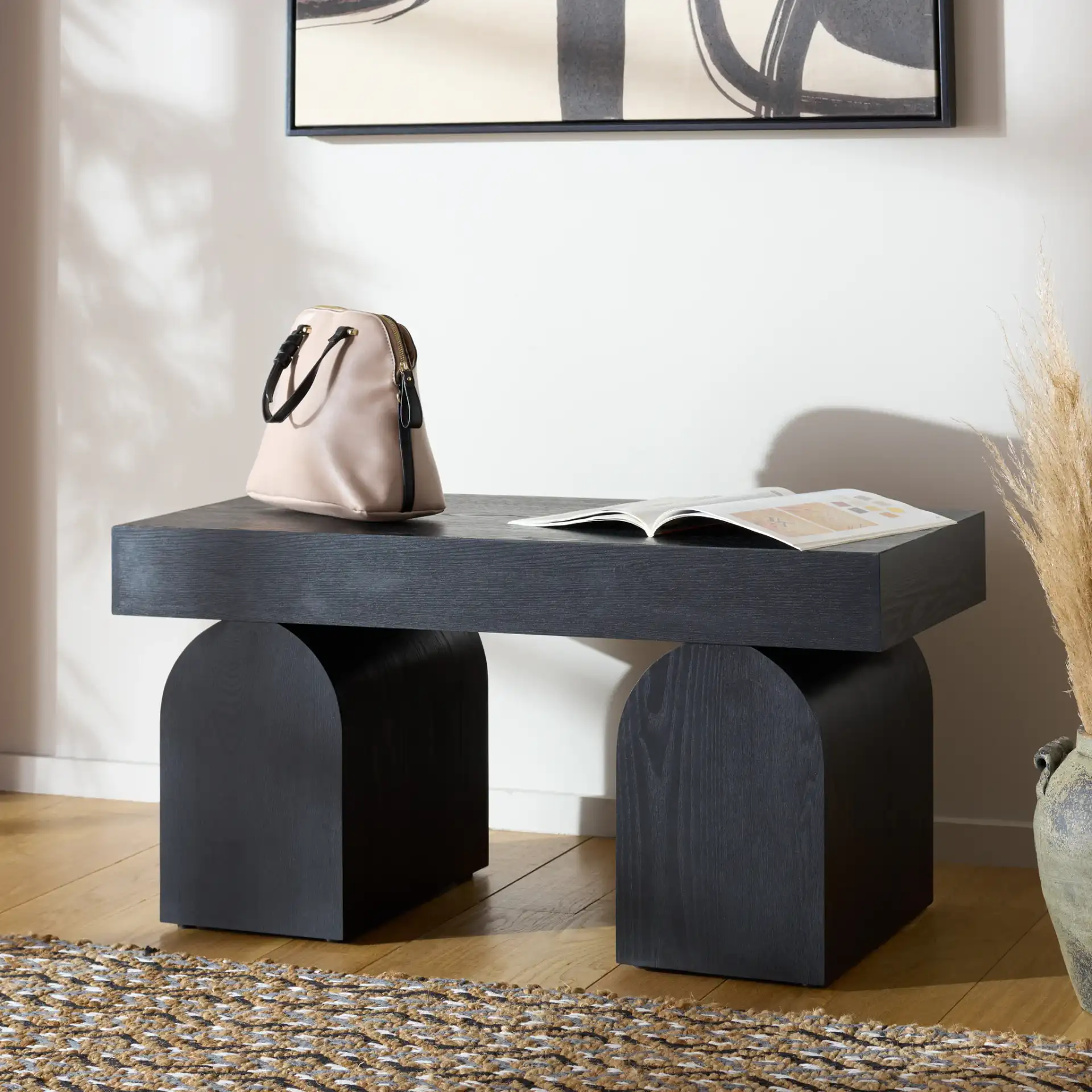 Hanra Bench in Black in a styled room