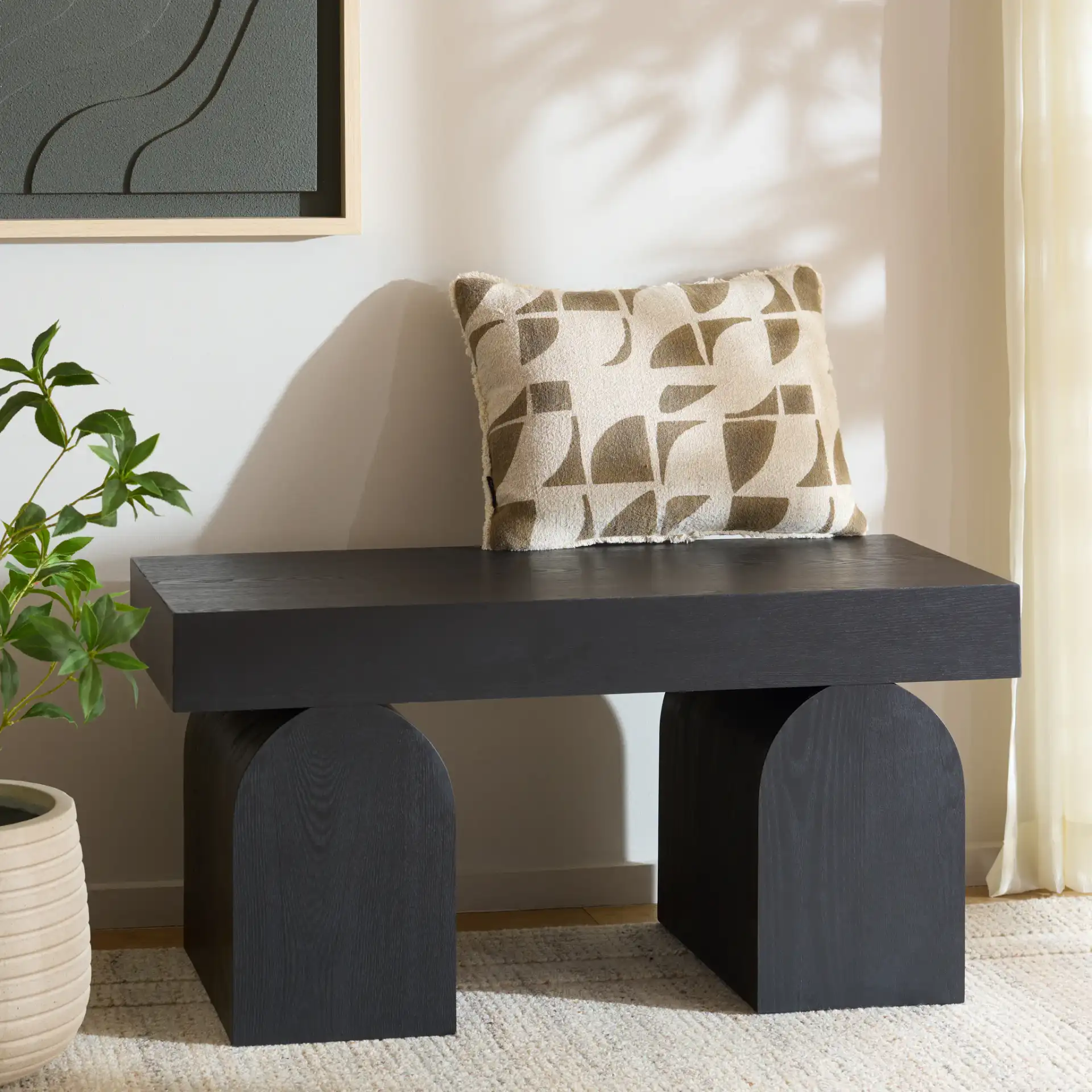 Hanra Bench in Black in a styled room