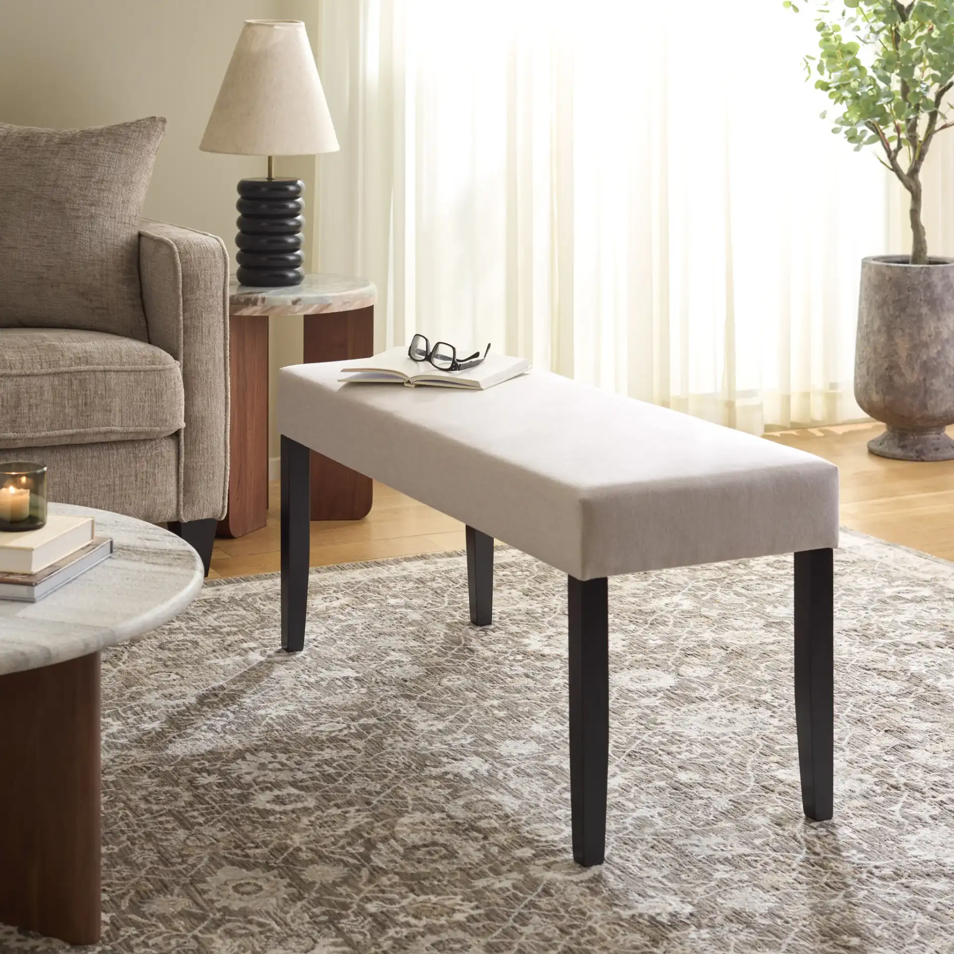 Parkside Dining Bench in Cream / Black in a styled room