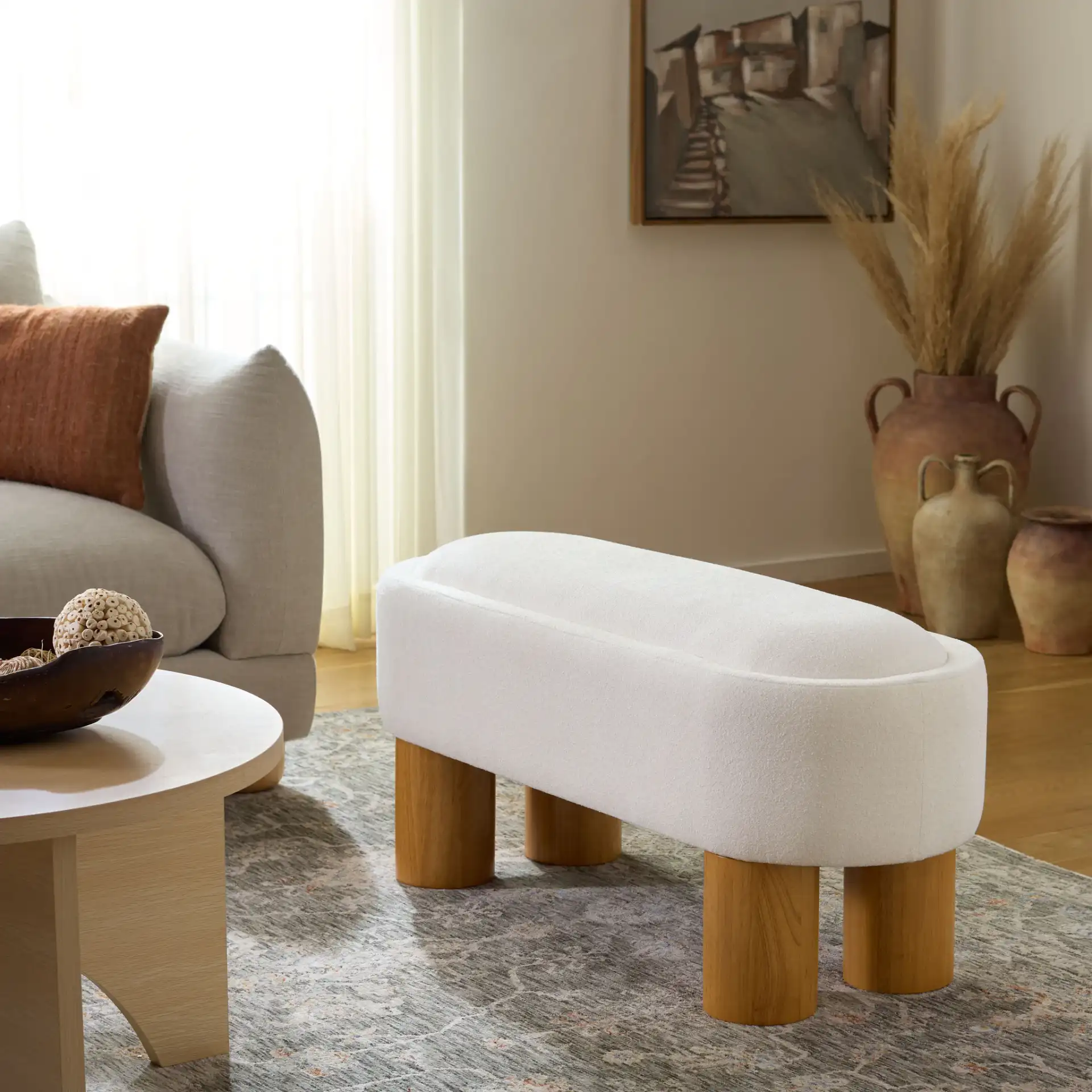Posner Bench in Ivory / Natural in a styled room