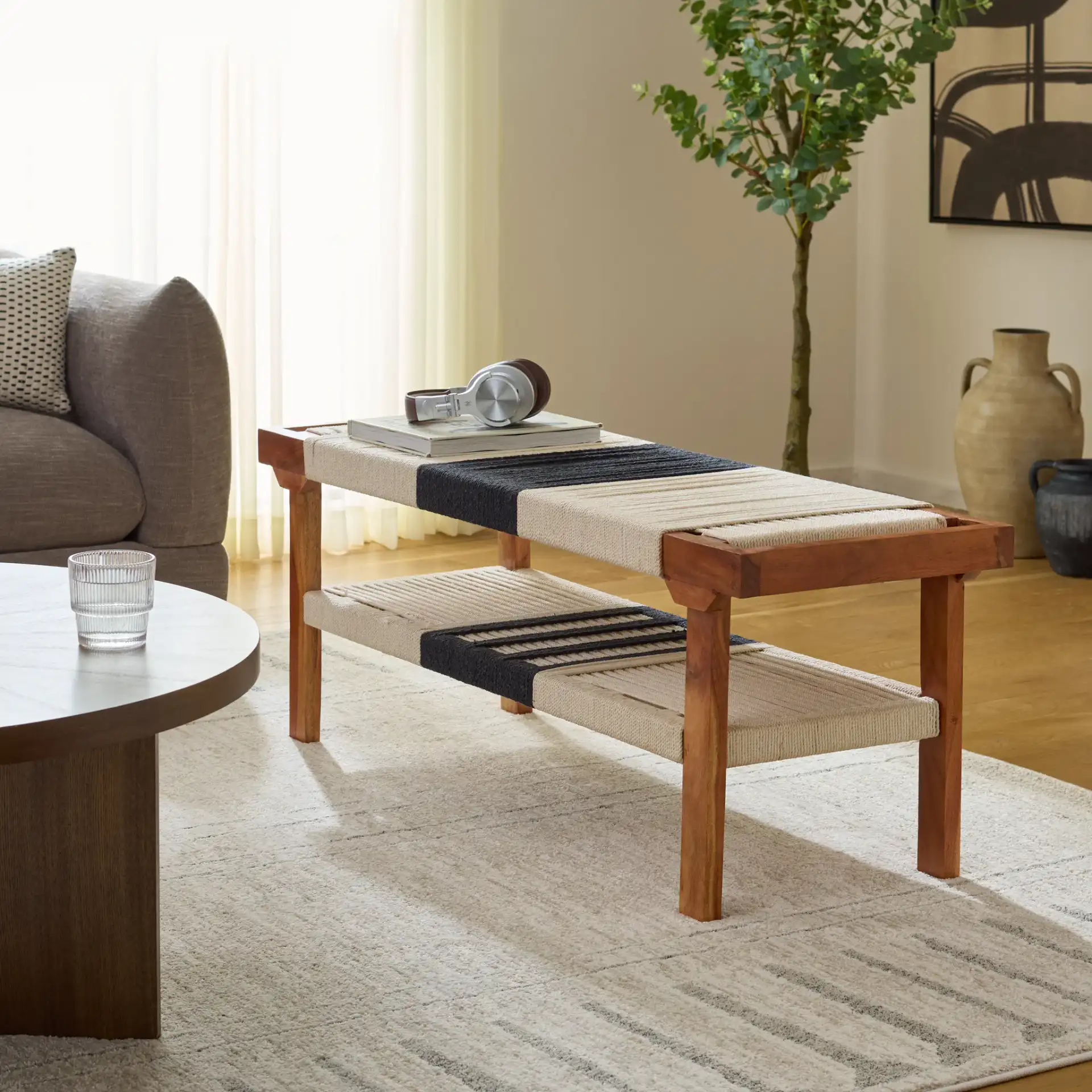 Munich Bench With Shelf in Beige Black / Natural in a styled room