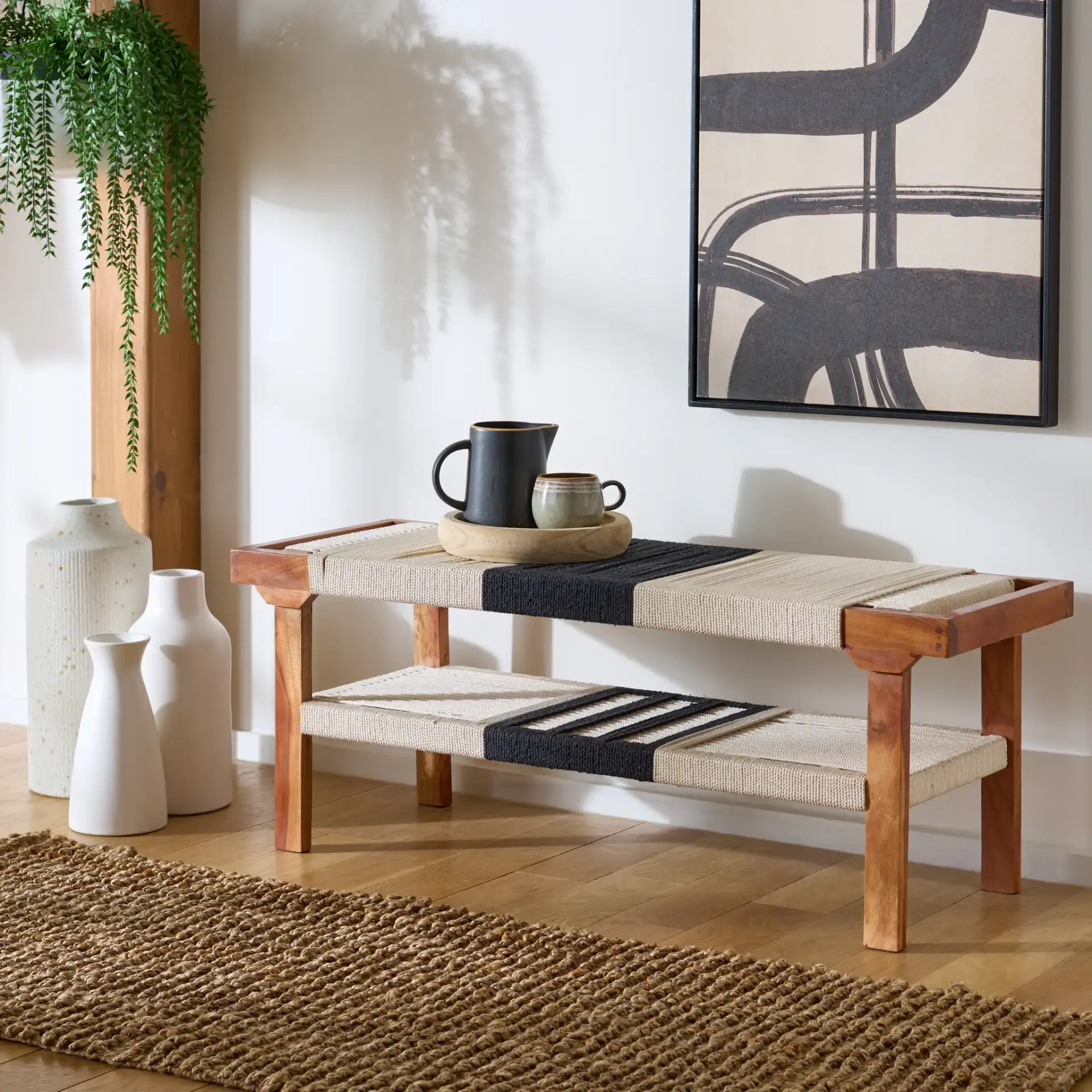 Munich Bench With Shelf in Beige Black / Natural in a styled room