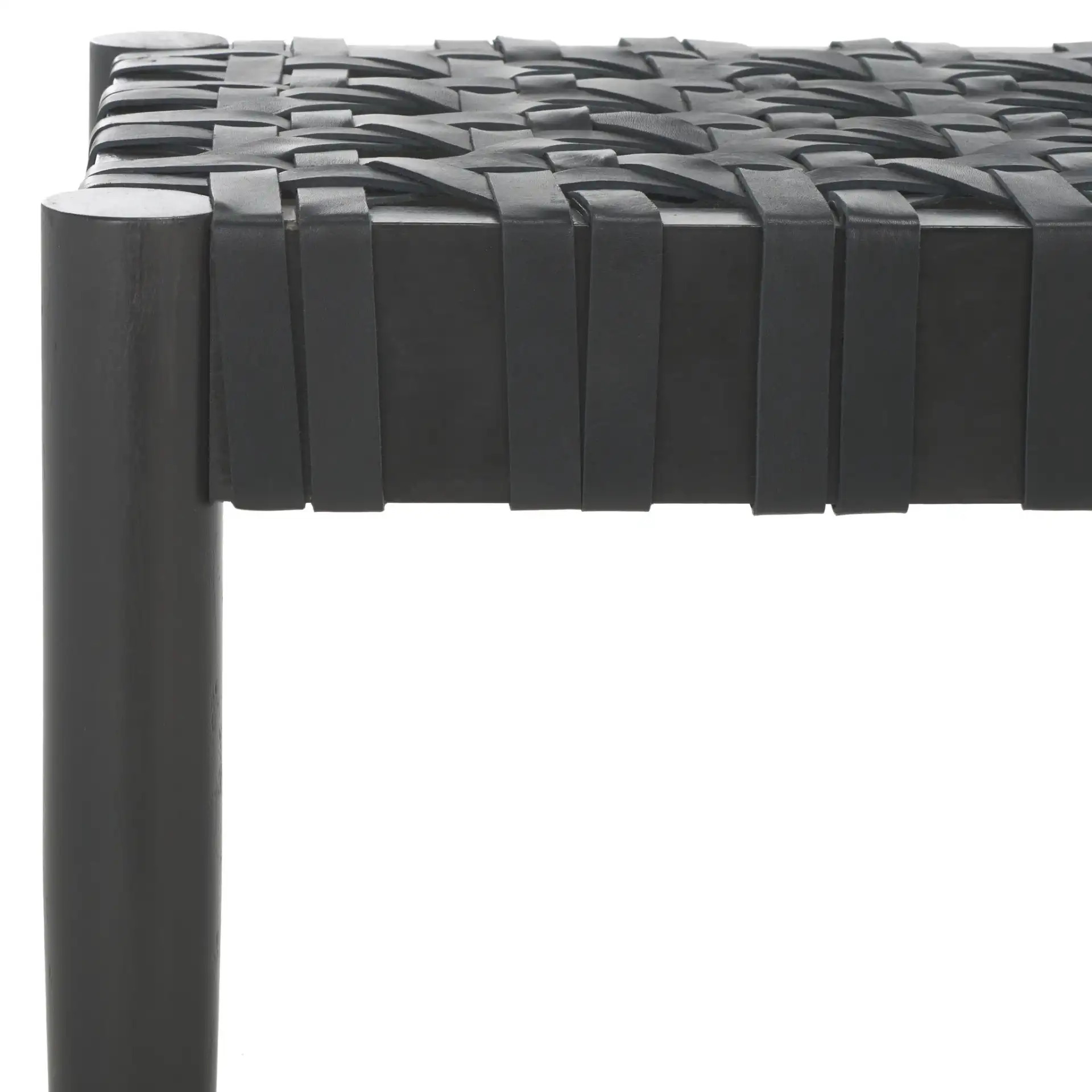 Walda Leather Woven Bench in Black in a styled room