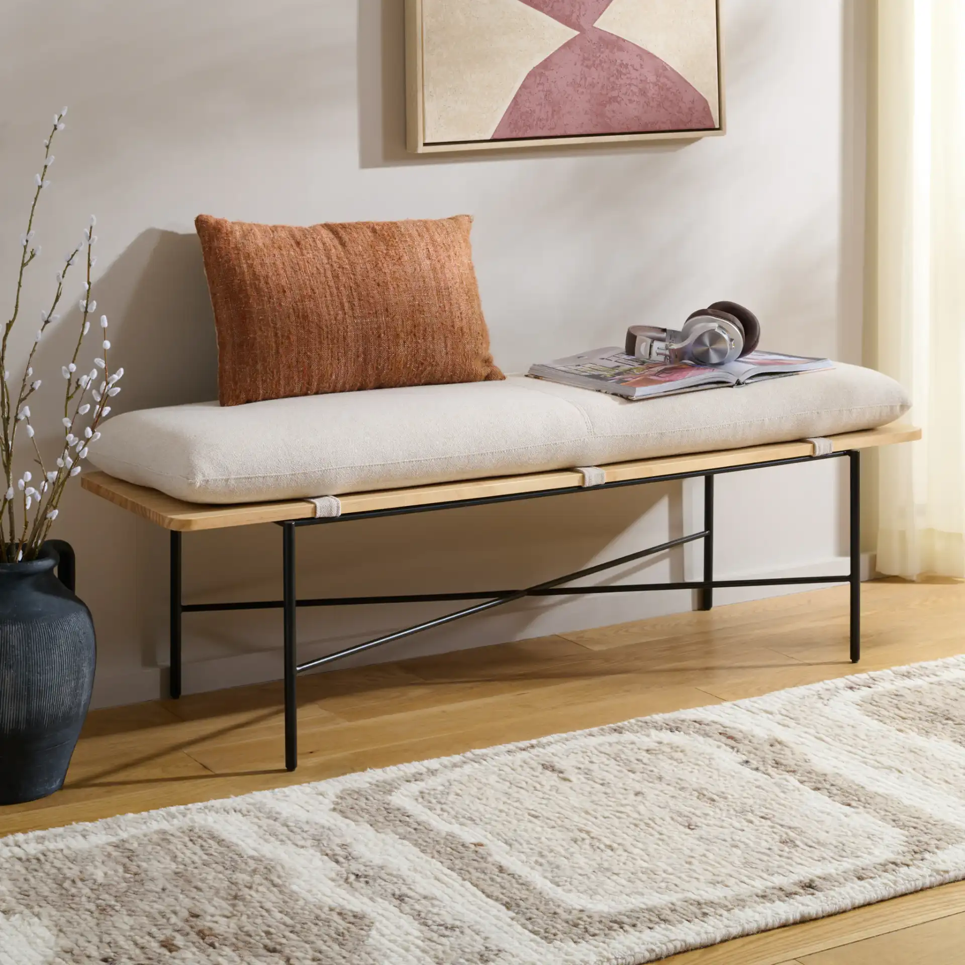 Emric Bench in Cream / Black in a styled room