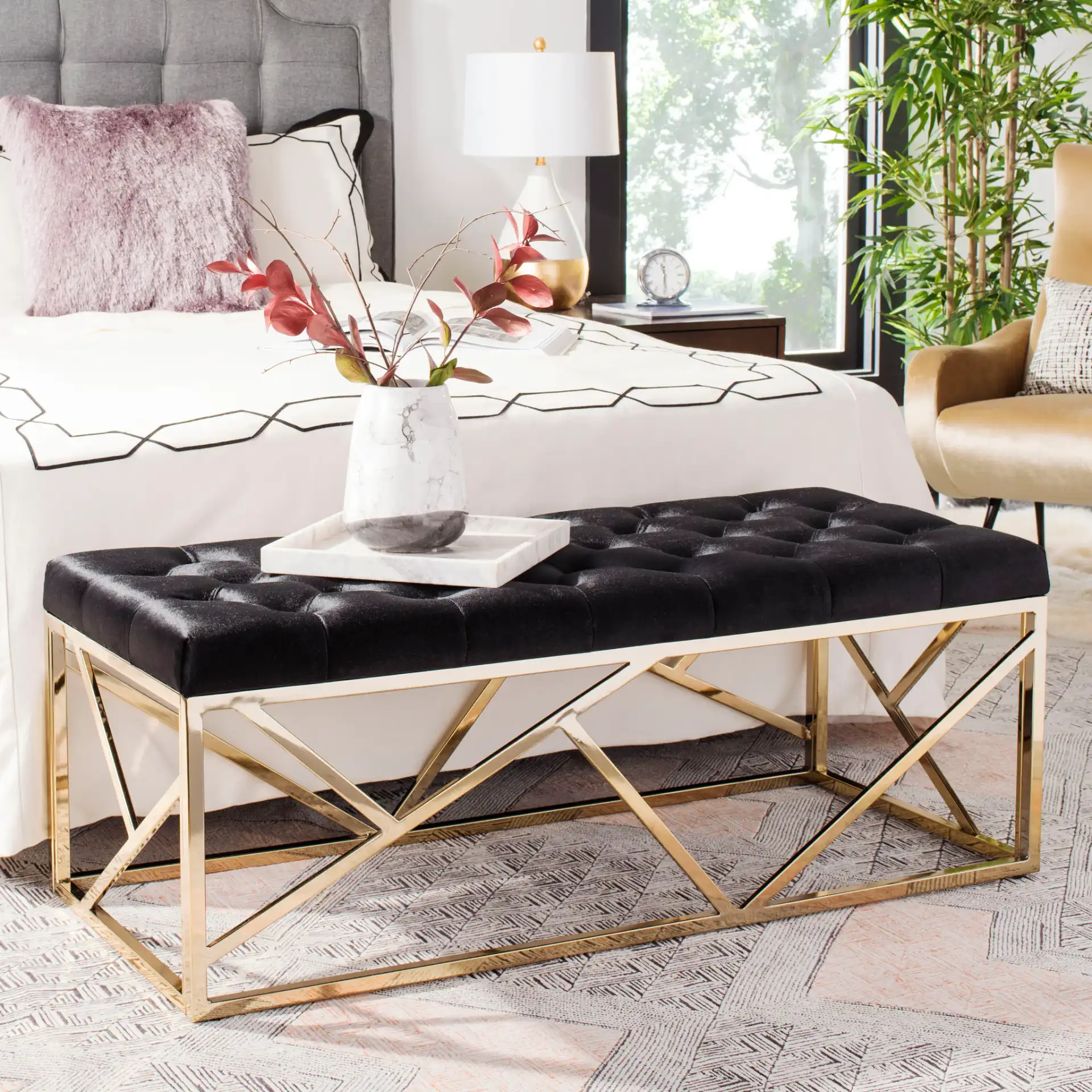 Farah Tufted Rectangular Bench in Black / Brass in a styled room
