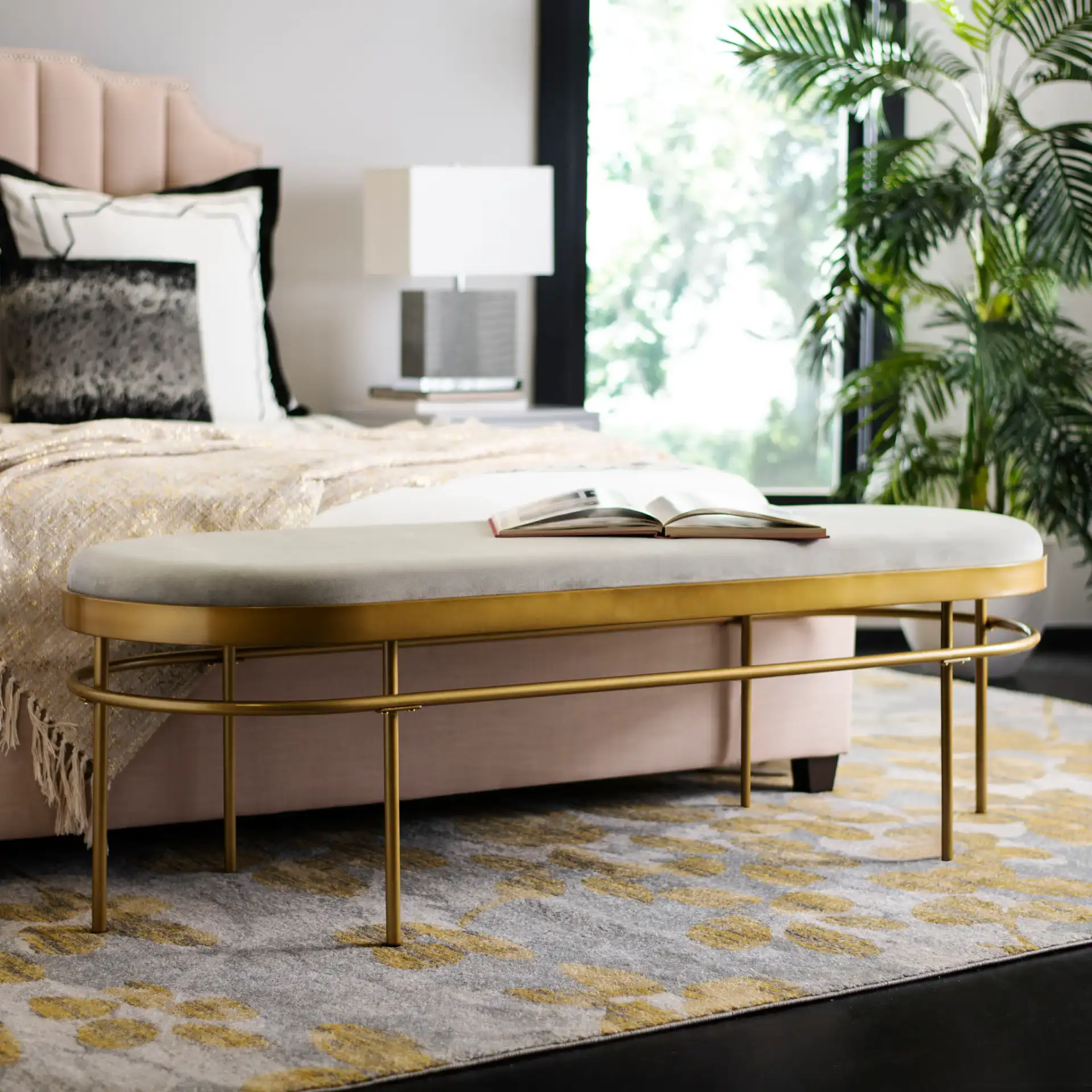 Sylva Oval Bench in Dusty Rose / Gold in a styled room