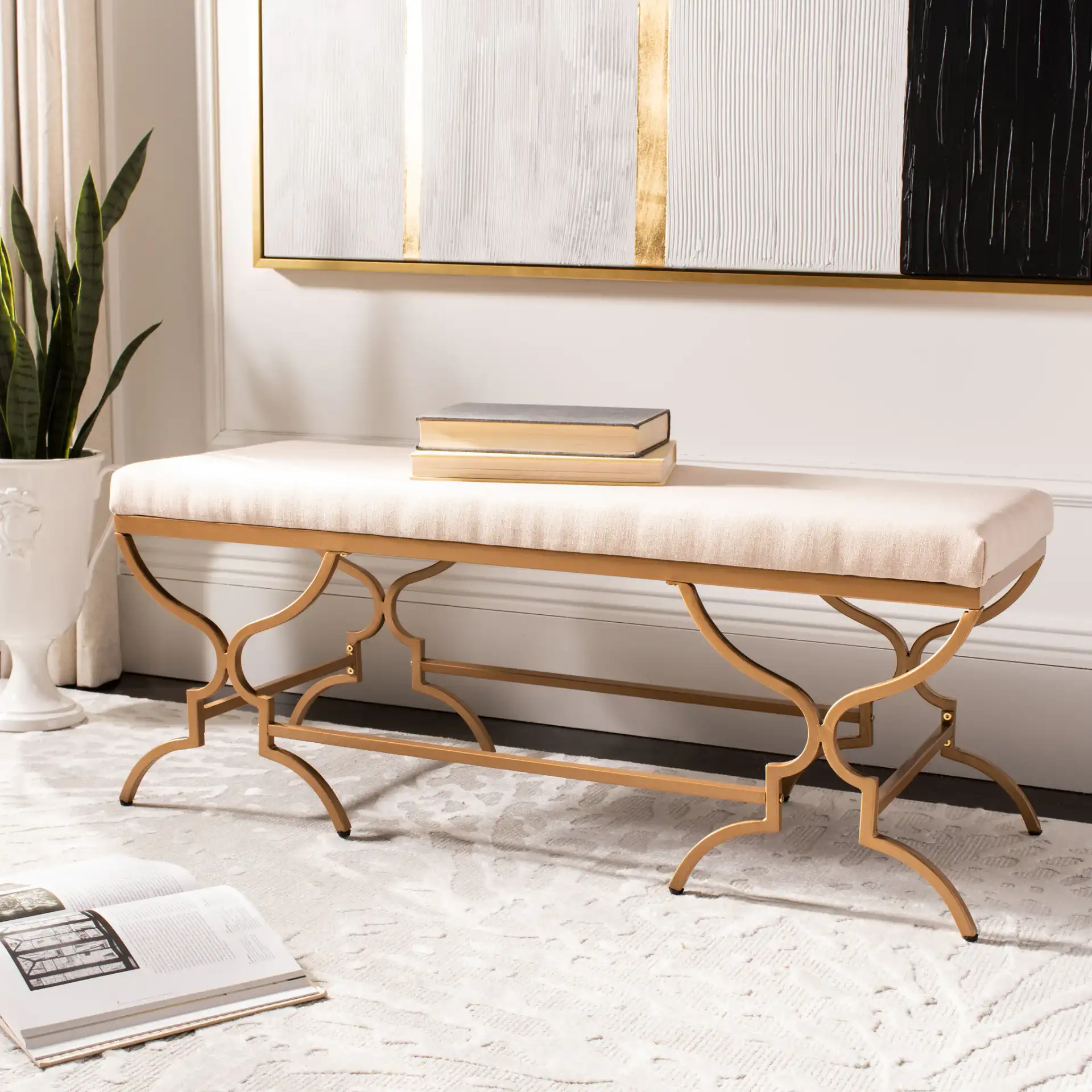 Juliet Rectangular Bench in Emerald / Gold in a styled room