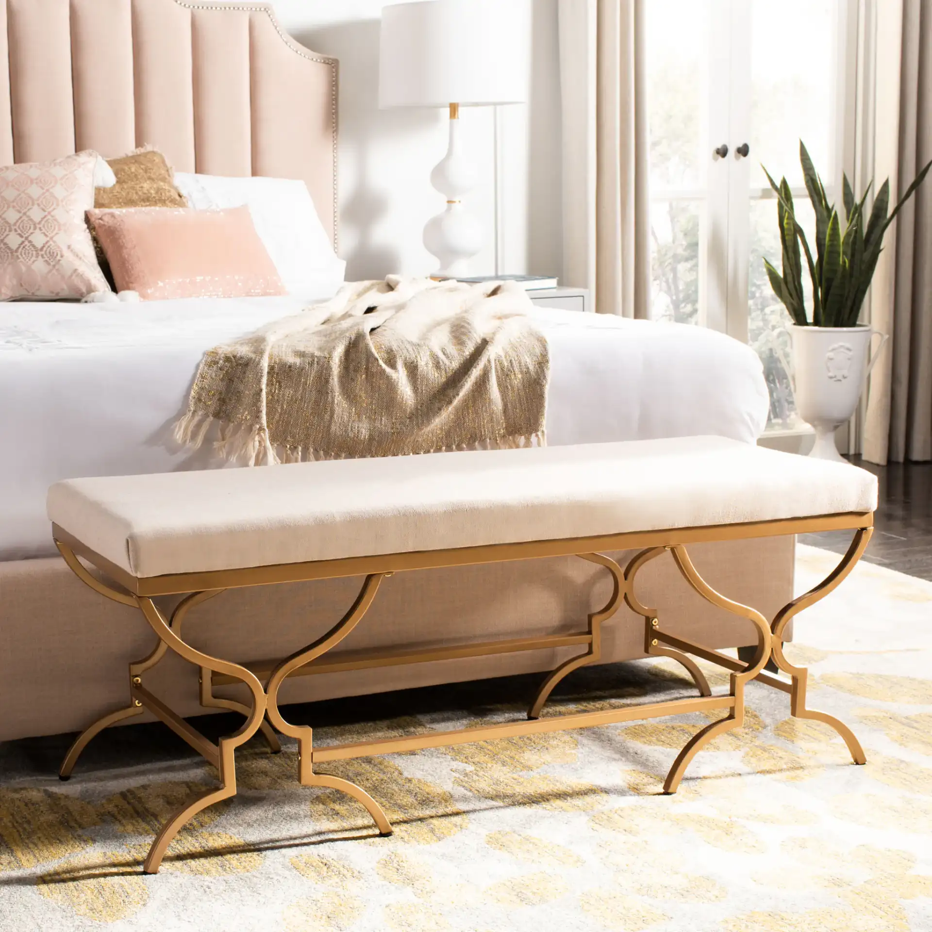 Juliet Rectangular Bench in Emerald / Gold in a styled room