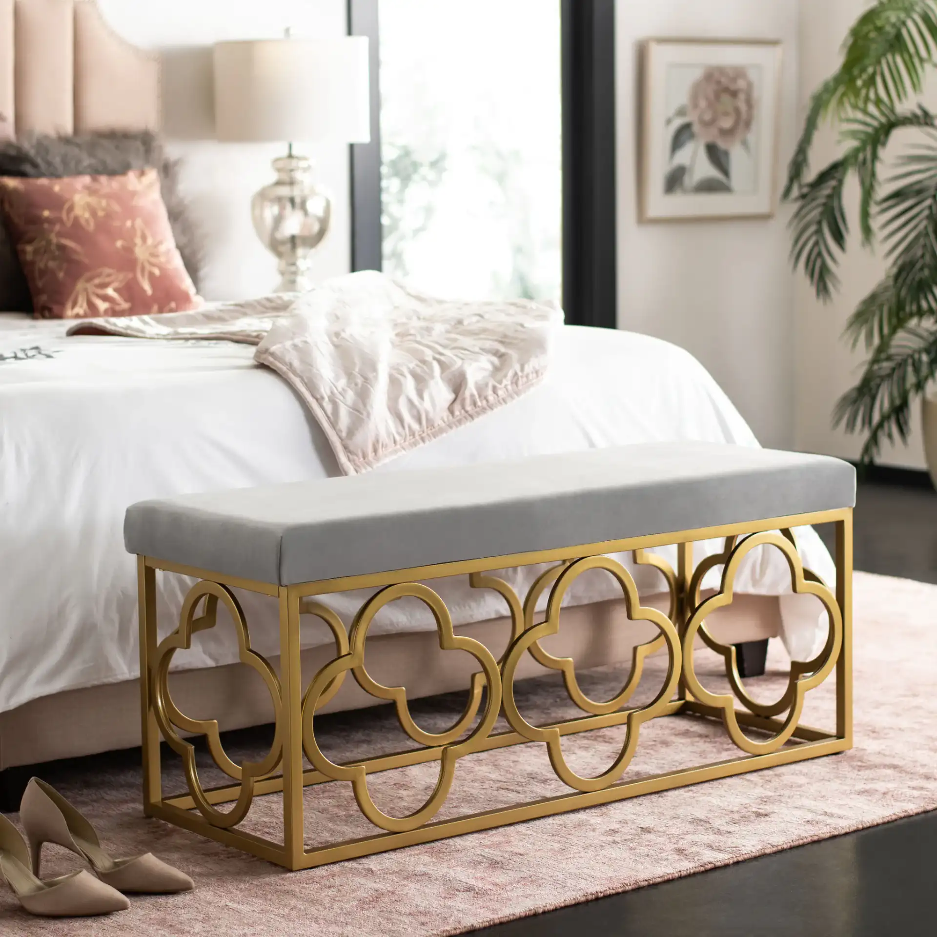 Fleur Rectangle Bench in Gray / Gold in a styled room