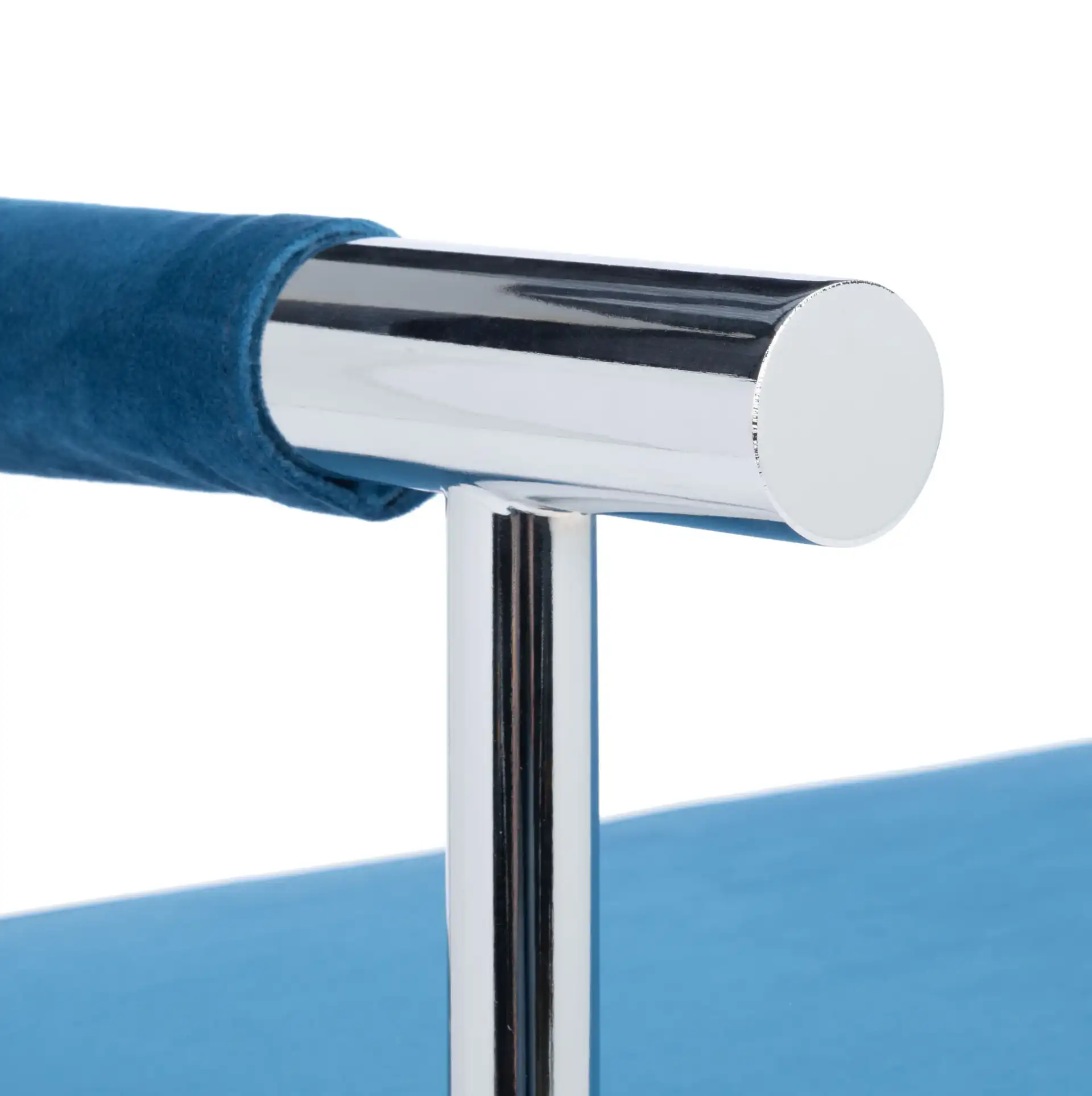 Pim Long Rectangle Bench With Arms in Navy Blue / Chrome in a styled room