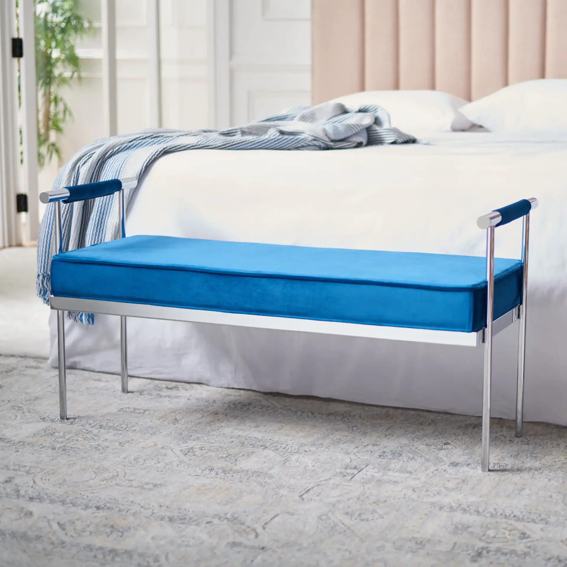 Pim Long Rectangle Bench With Arms in Navy Blue / Chrome in a styled room