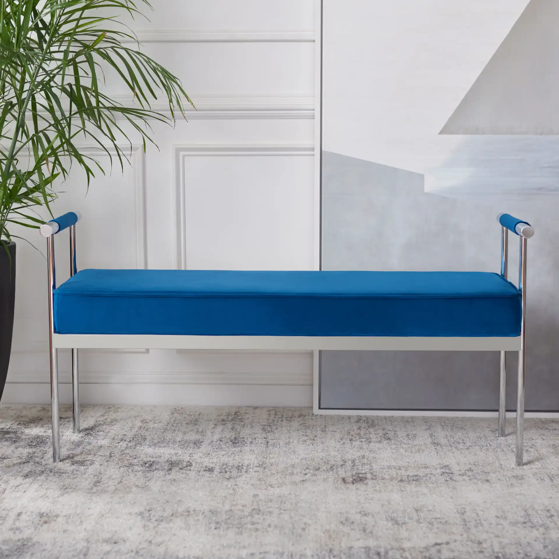 Pim Long Rectangle Bench With Arms in Navy Blue / Chrome in a styled room
