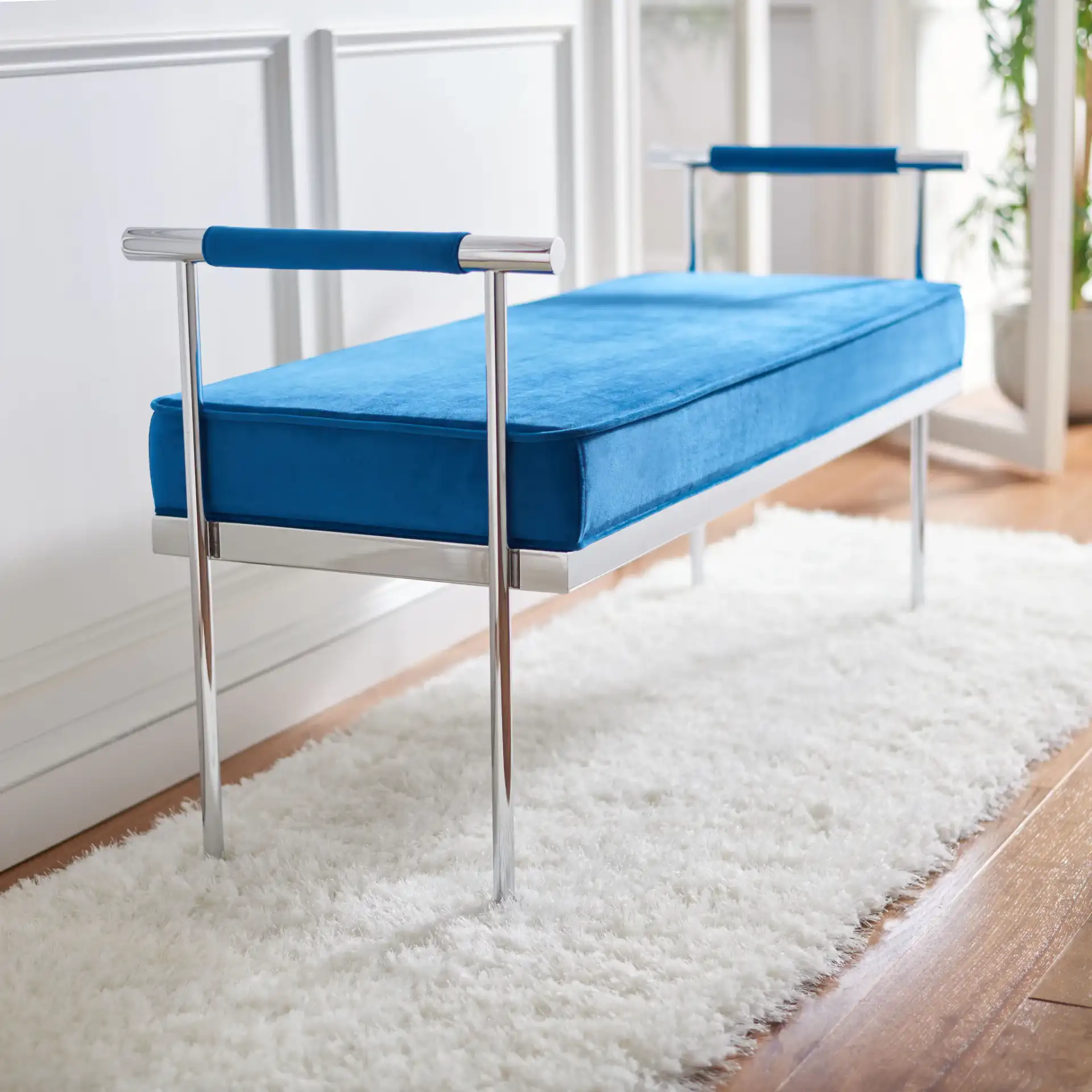 Pim Long Rectangle Bench With Arms in Navy Blue / Chrome in a styled room