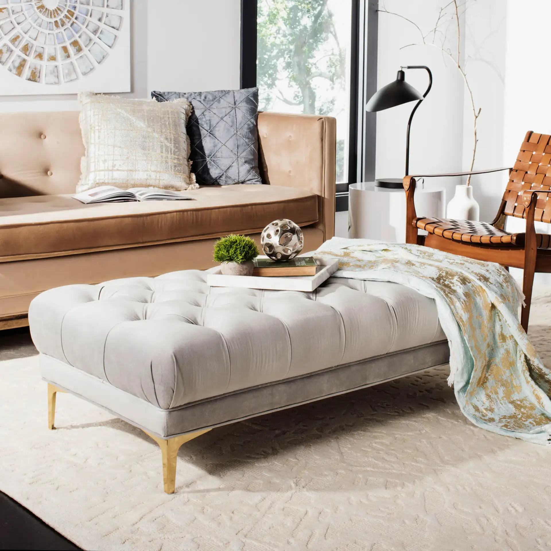 Zarya Tufted Rectangular Bench in Navy Blue / Brass in a styled room